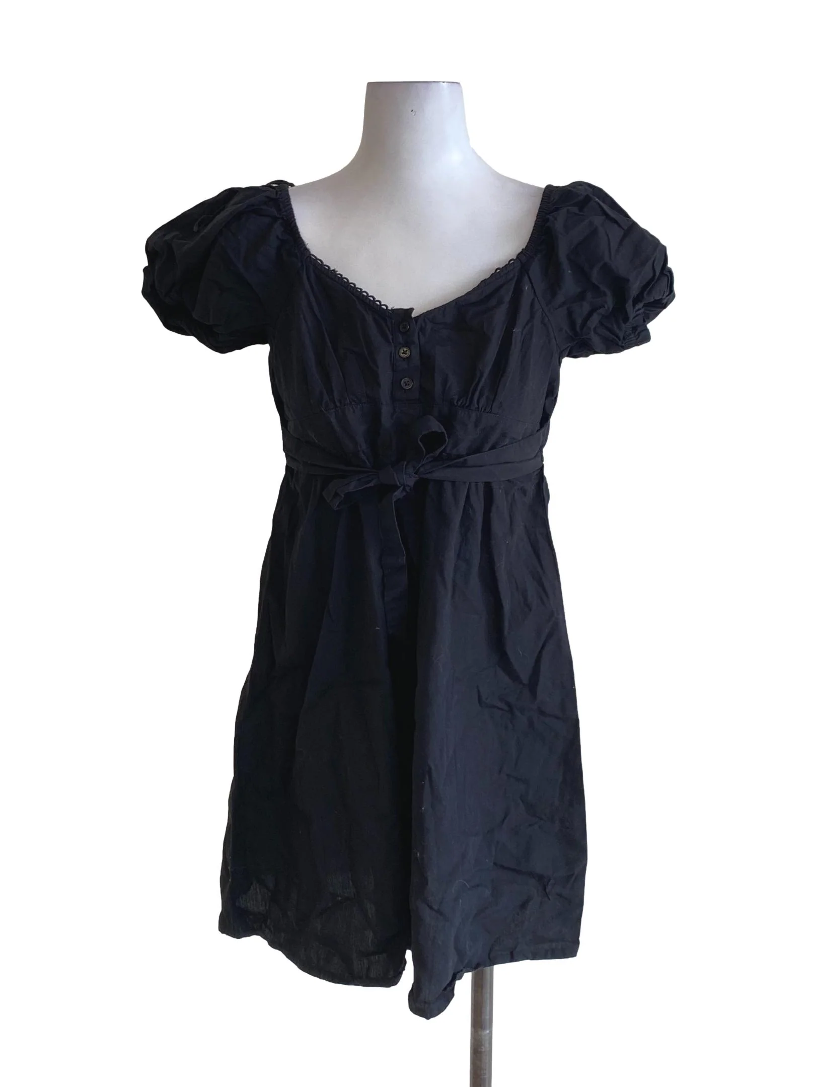 Jet Black Scoop Neck Tie Waist Puffed Dress