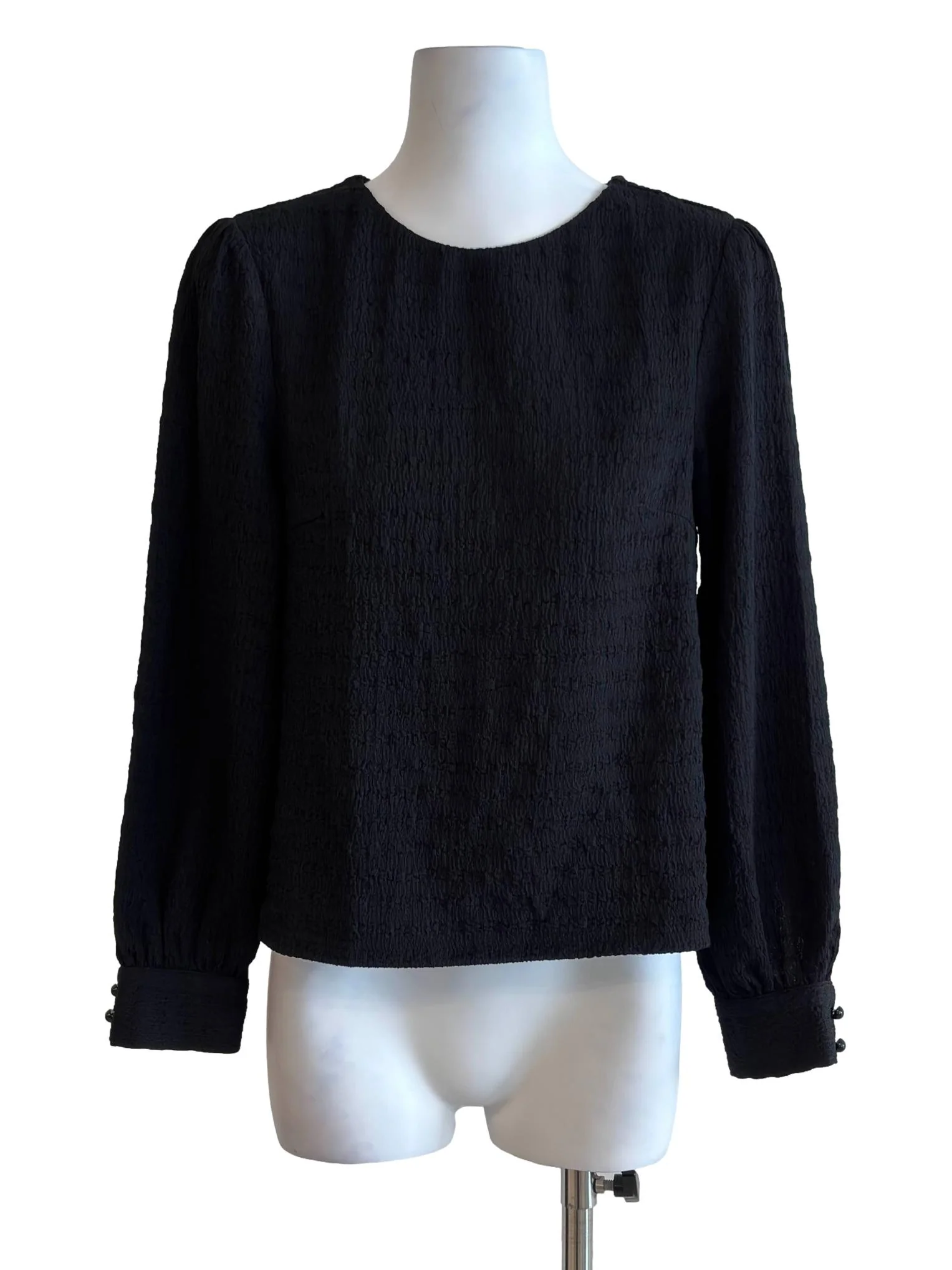 Jet Black Textured Long Sleeve Blouse