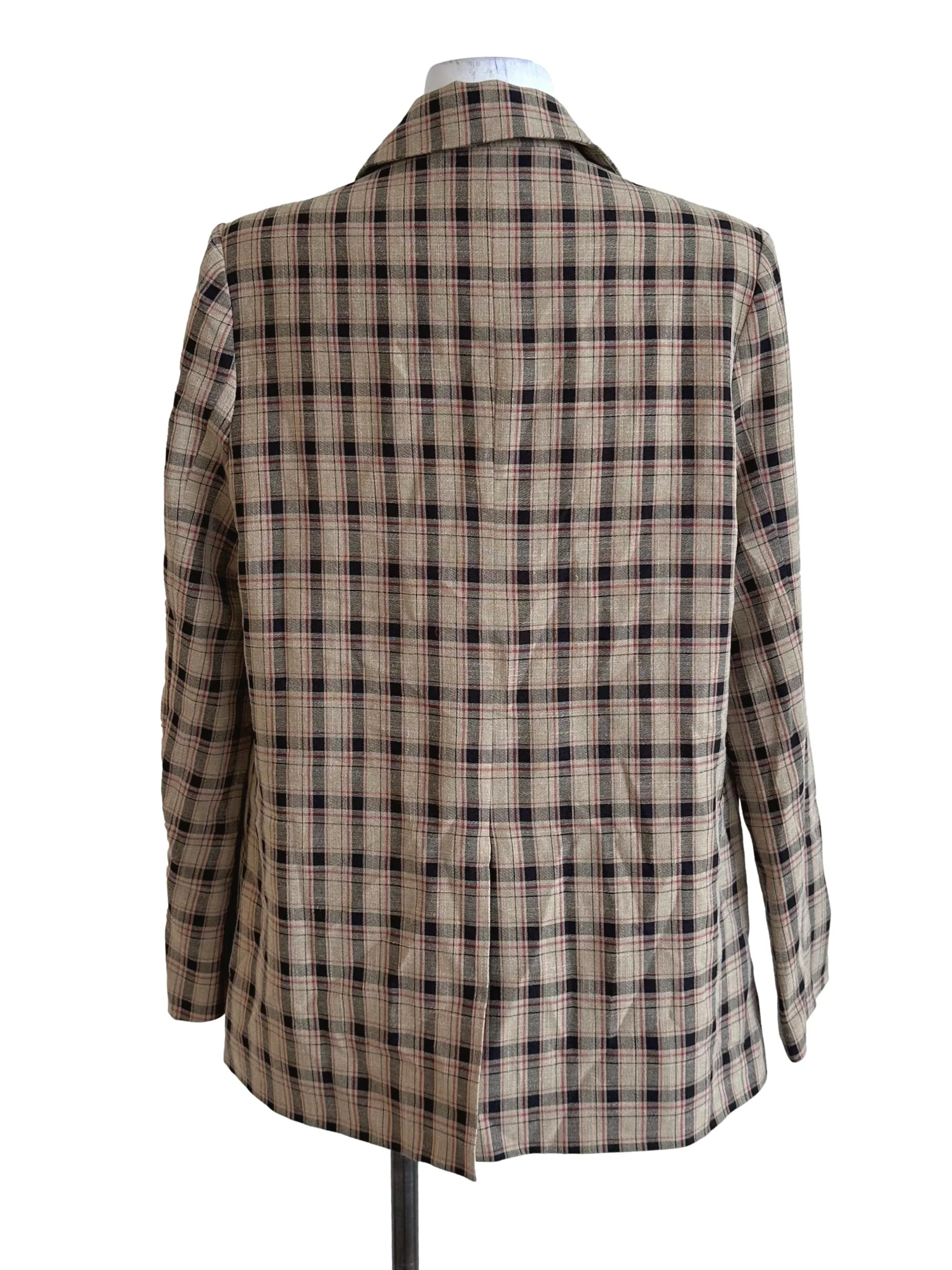 Khaki Brown Plaid Button Blazer - Image 2
