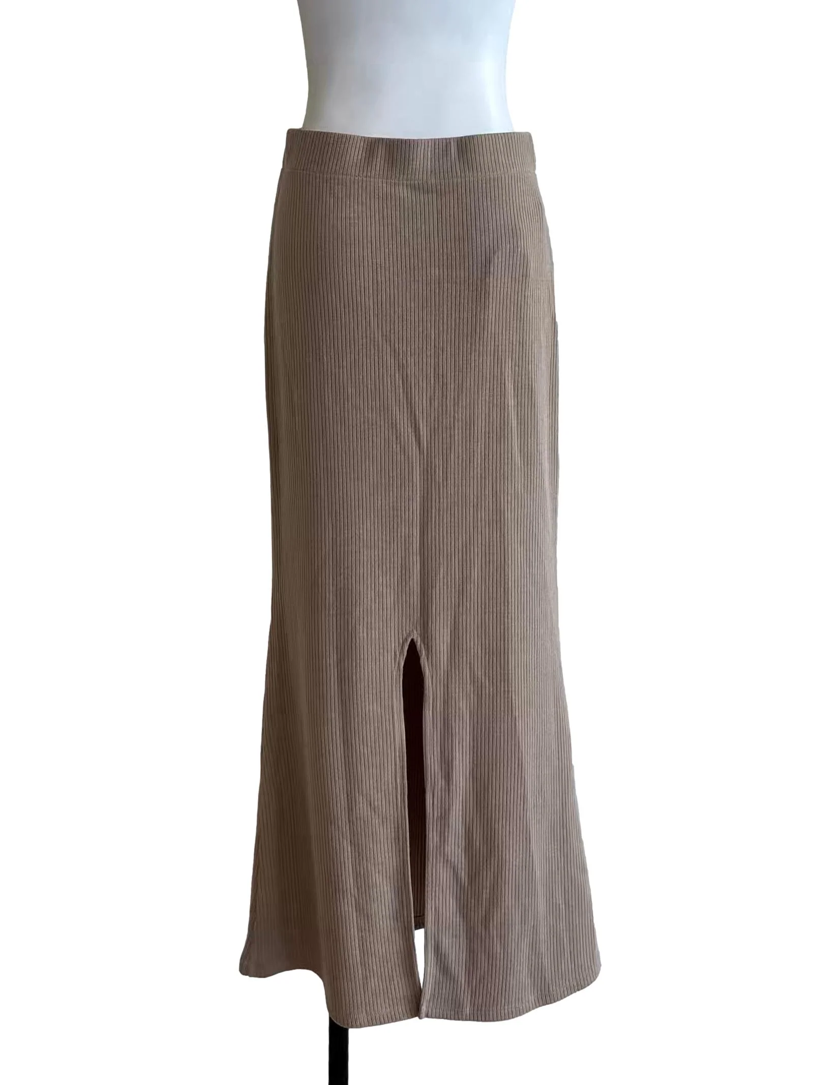Khaki Long Ribbed Skirt - Image 2