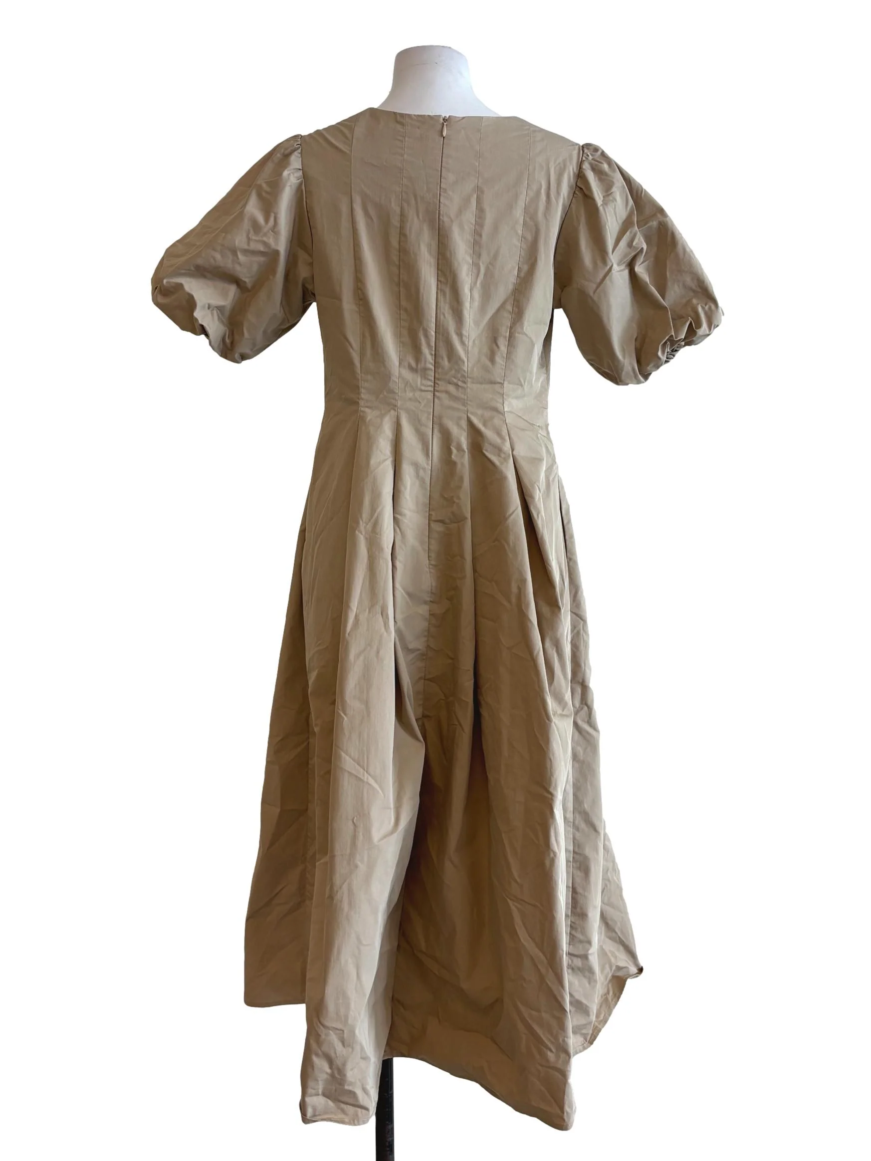 Khaki Short Puff Sleeve Cotton A-Line Dress LB - Image 2