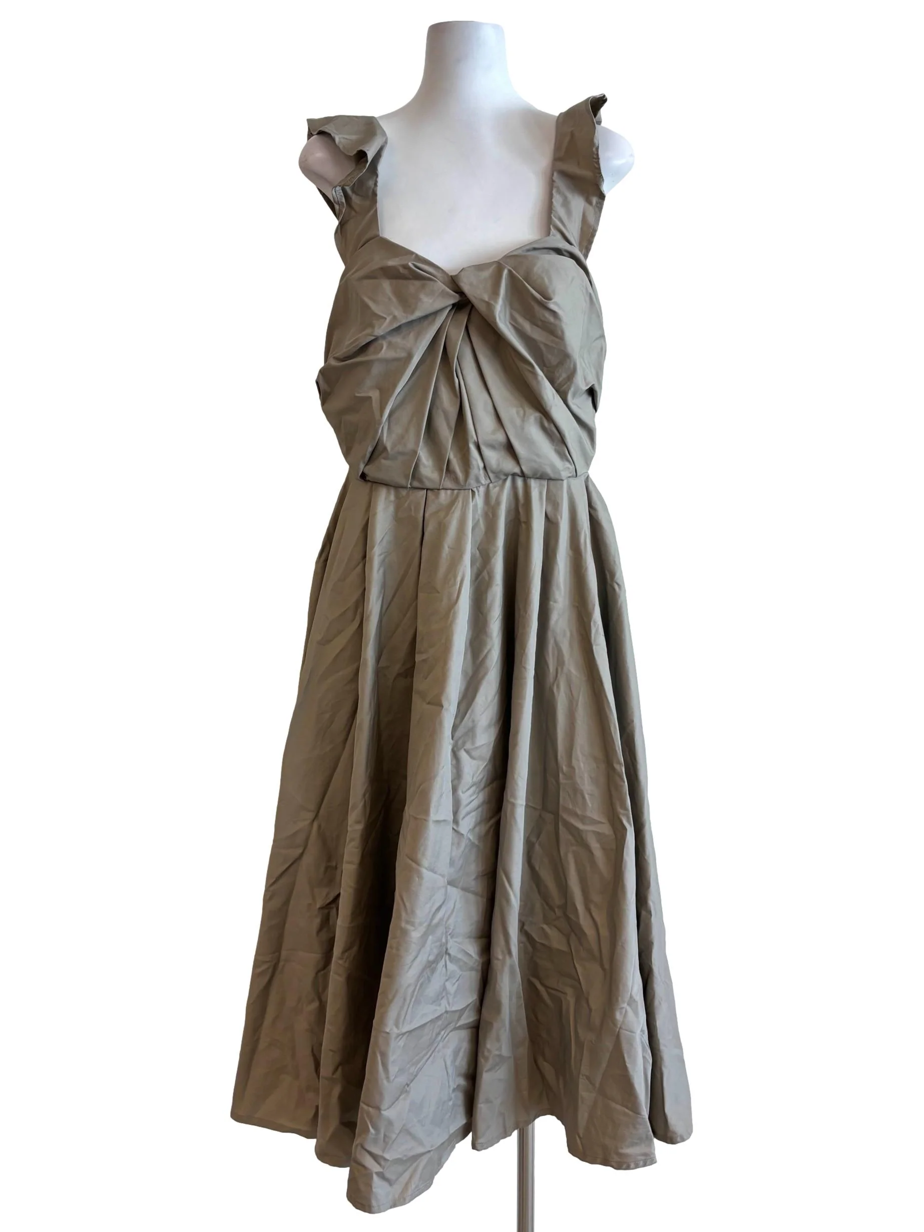 Khaki Twisted Cotton A-Line Dress