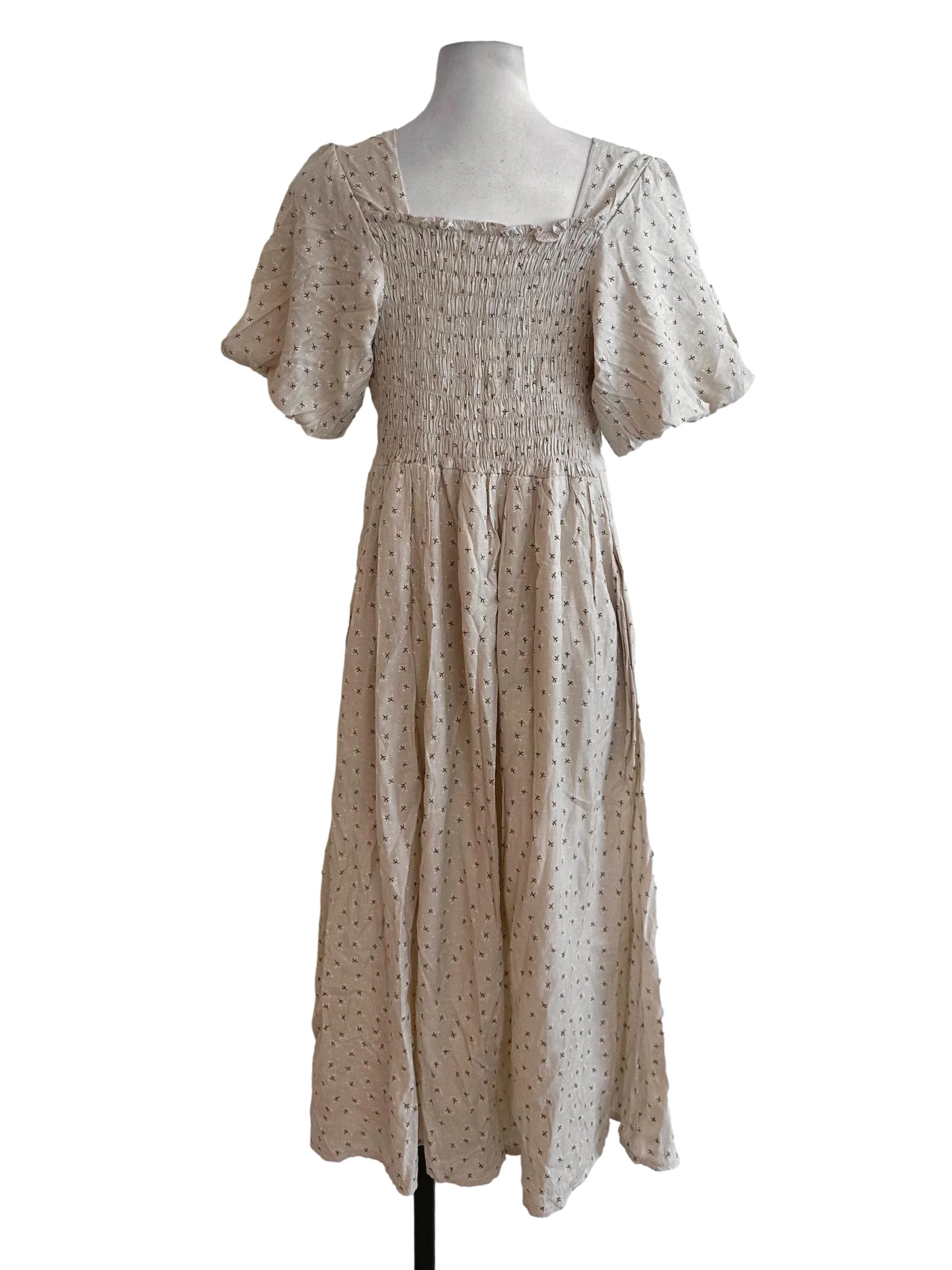 Light Beige Pattern Puff Sleeve Dress - Image 2