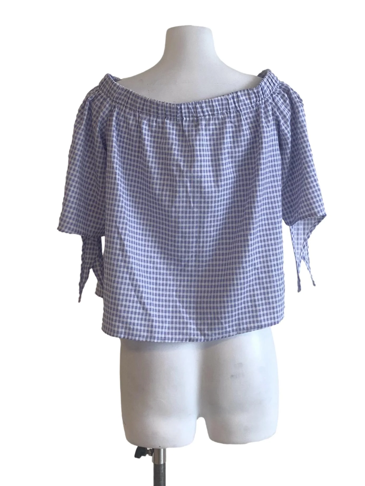 Light Blue Gingham Off Shoulder Top - Image 2