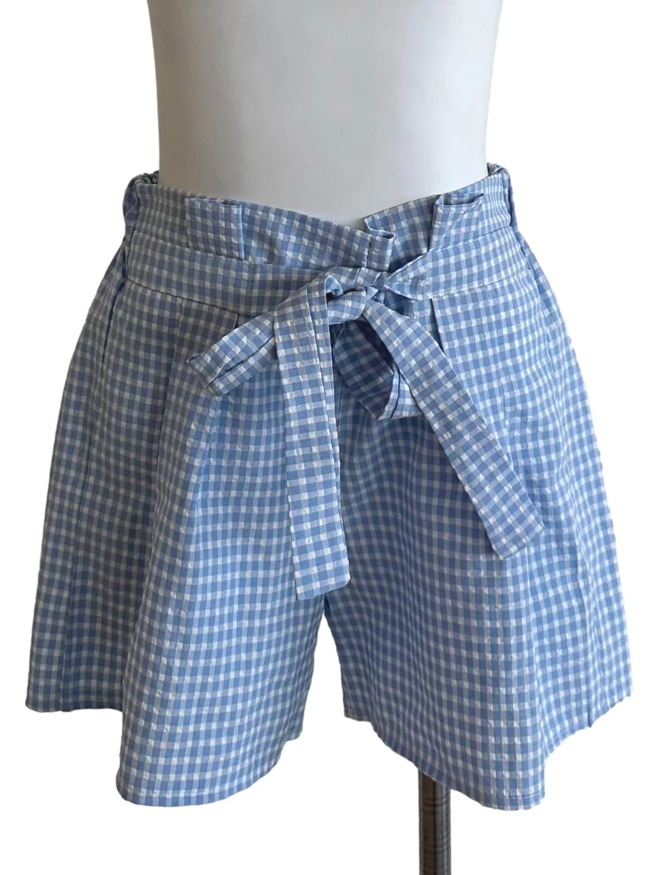 Light Blue Plaid Textured Strap Shorts