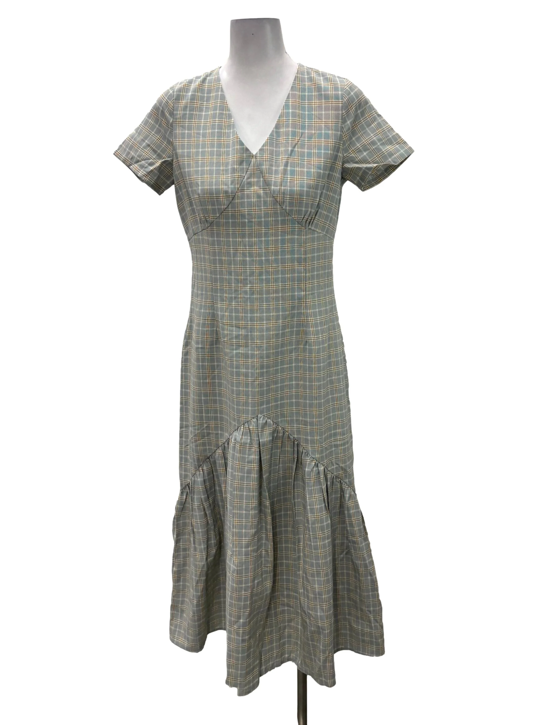 Light Blue V-Neck Gingham Maxi Dress