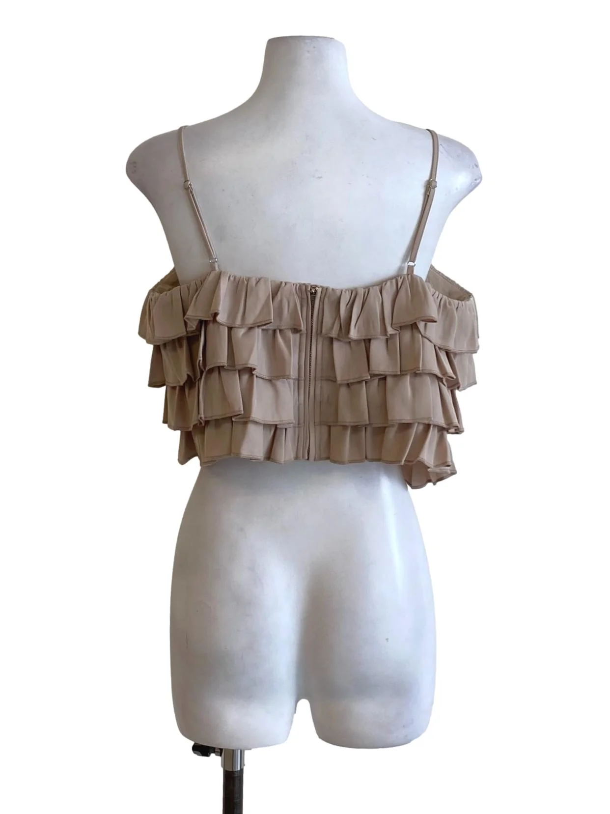 Light Cedar Brown Spaghetti Strap Ruffle Tiered Cropped Top - Image 2
