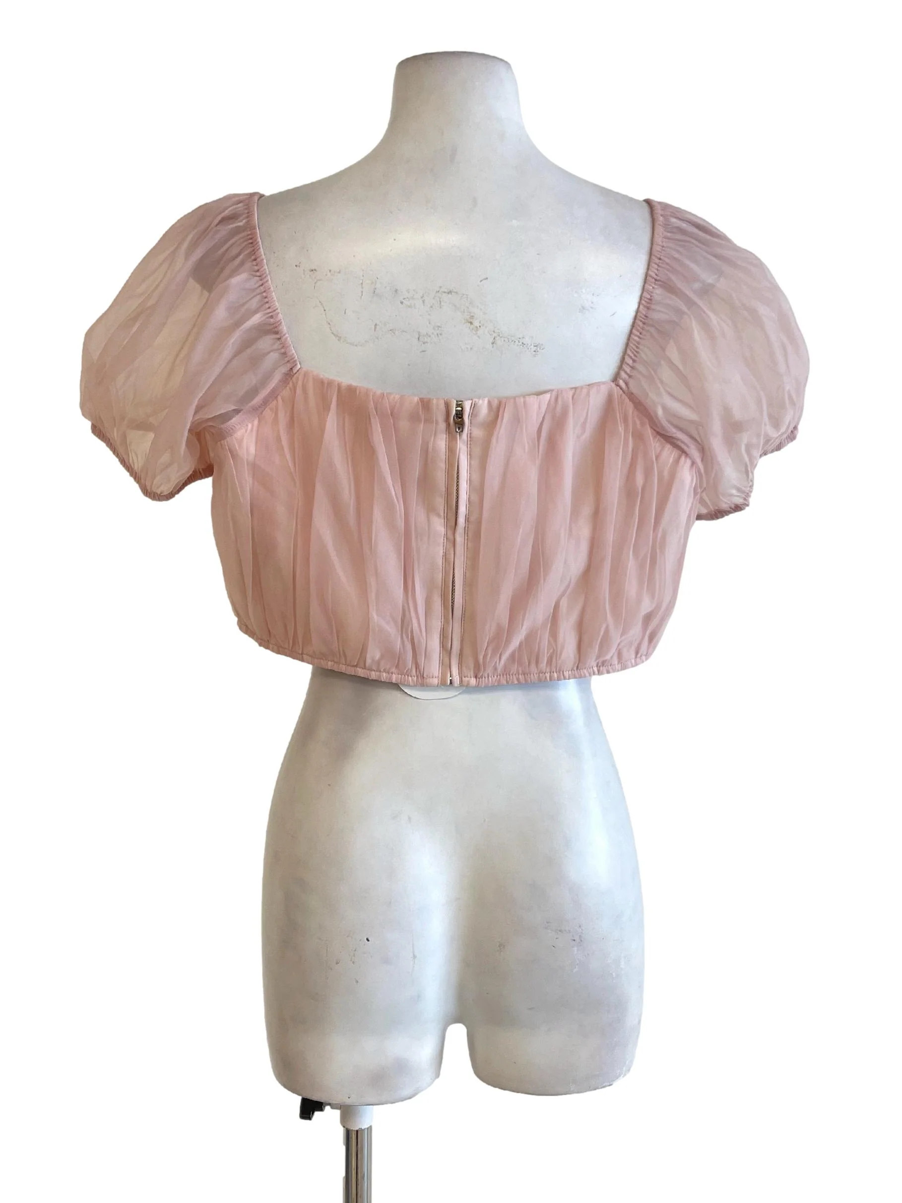 Light Pink Sheer Peasant Crop Top - Image 2
