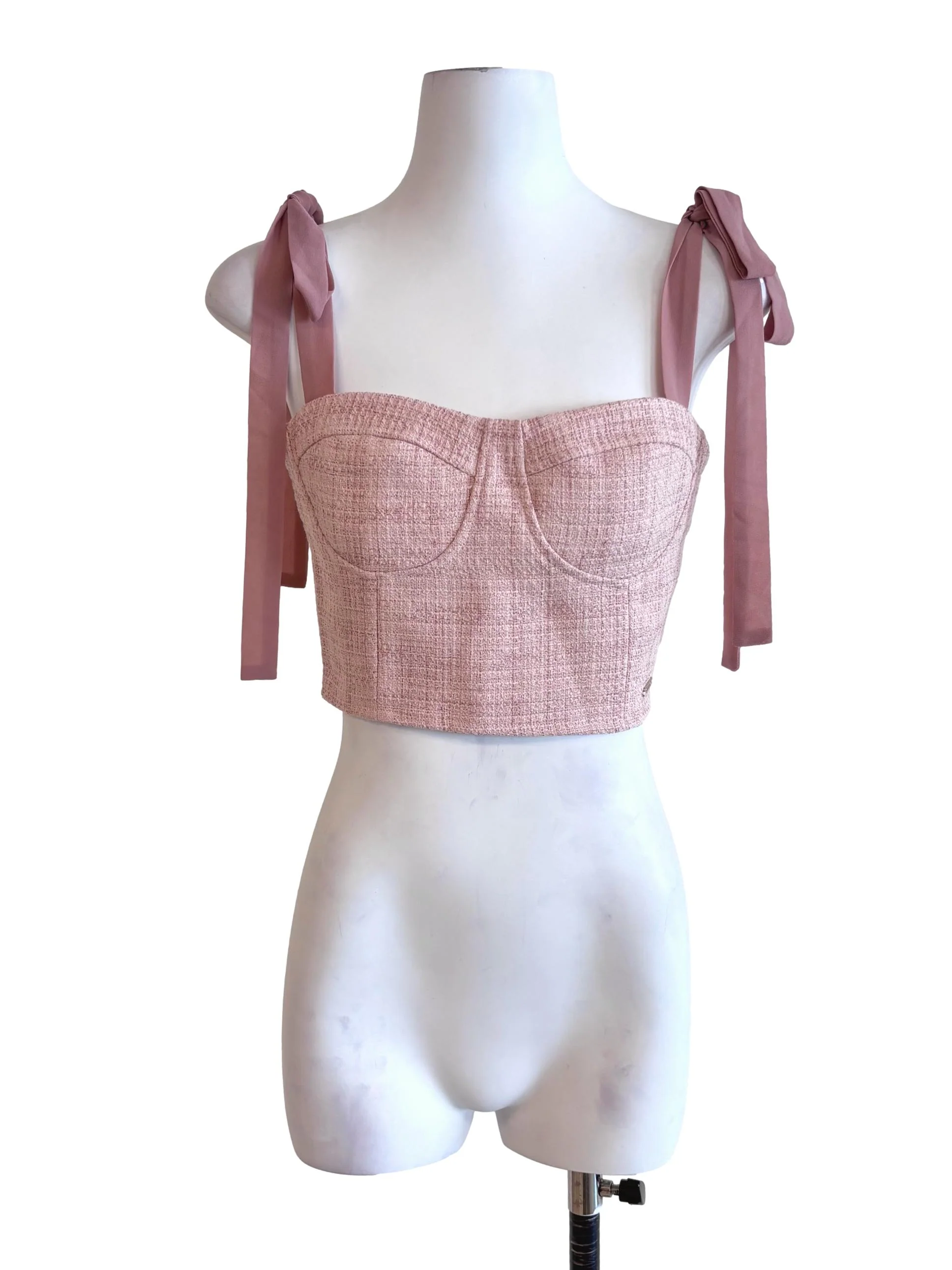 Light Pink Tie Strap Tweed Crop Top