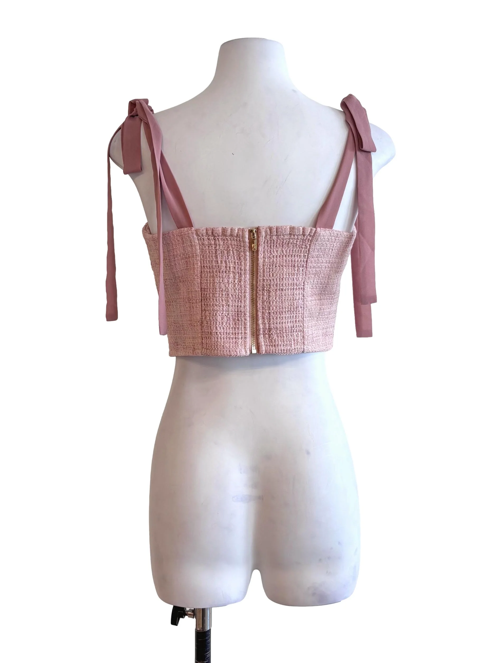 Light Pink Tie Strap Tweed Crop Top - Image 2