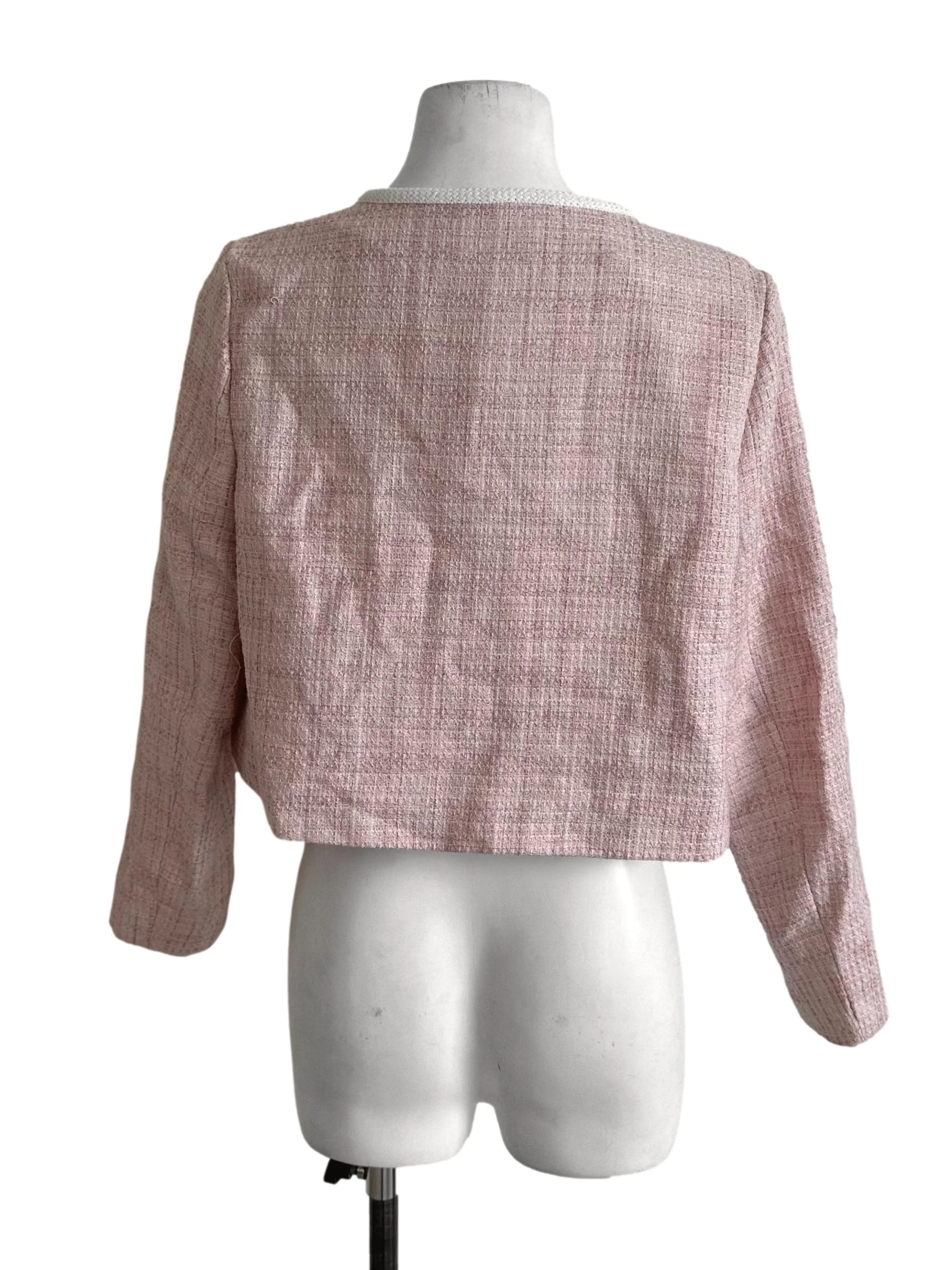 Light Pink Tweed Textured Front Open Jacket - Image 2