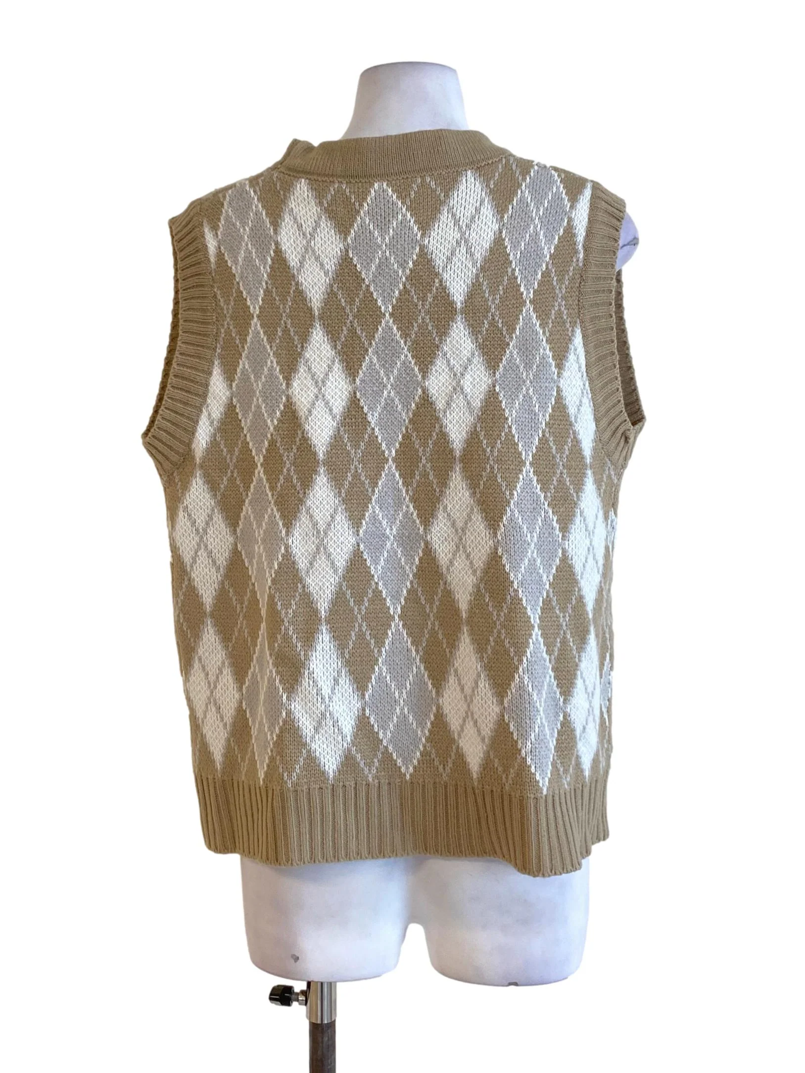 Light Wood Brown Checkered Knitted Buttoned Down Vest - Image 2