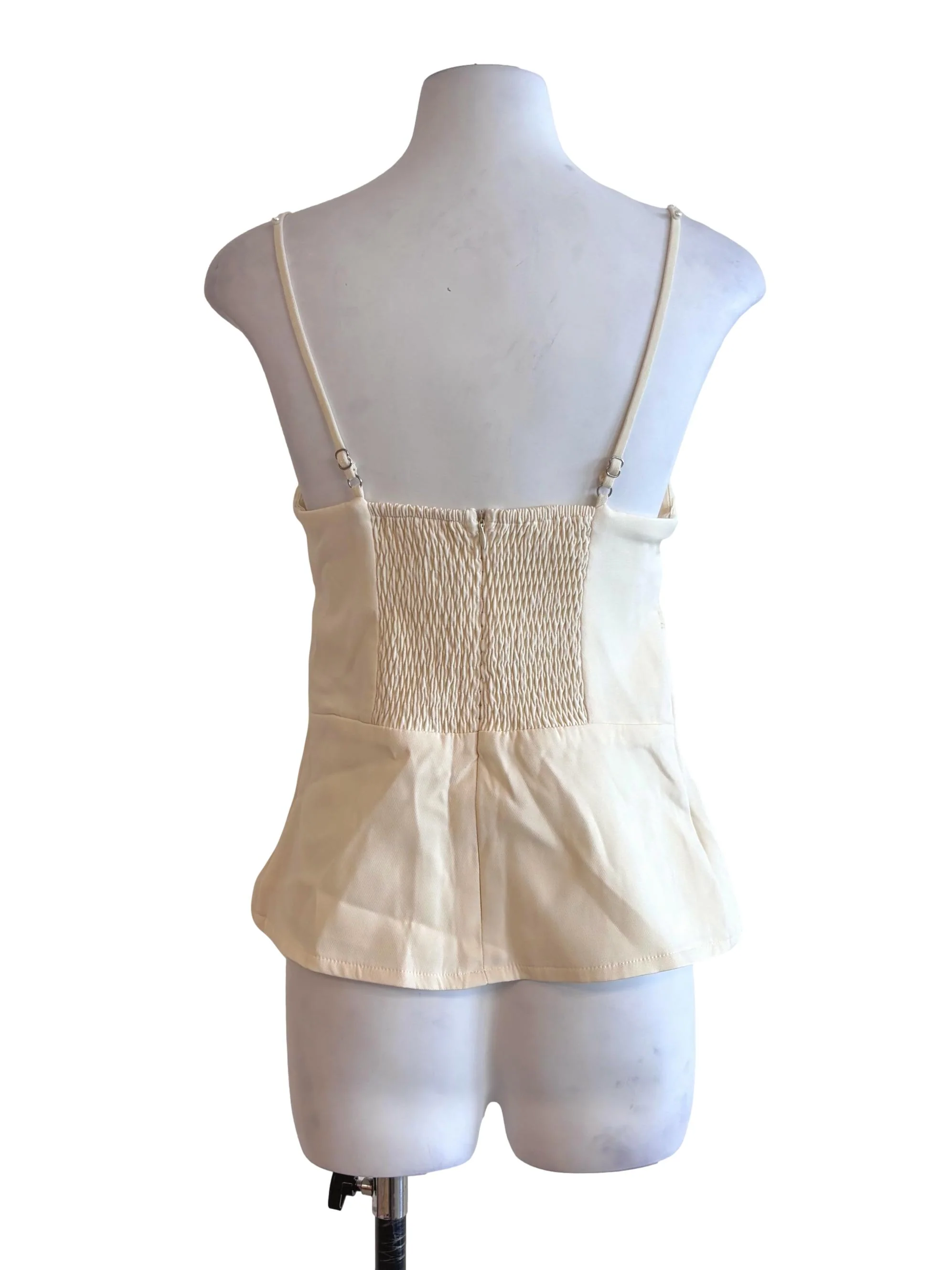 Light Yellow Pleat Mesh Pearl Strap Cami Top - Image 2