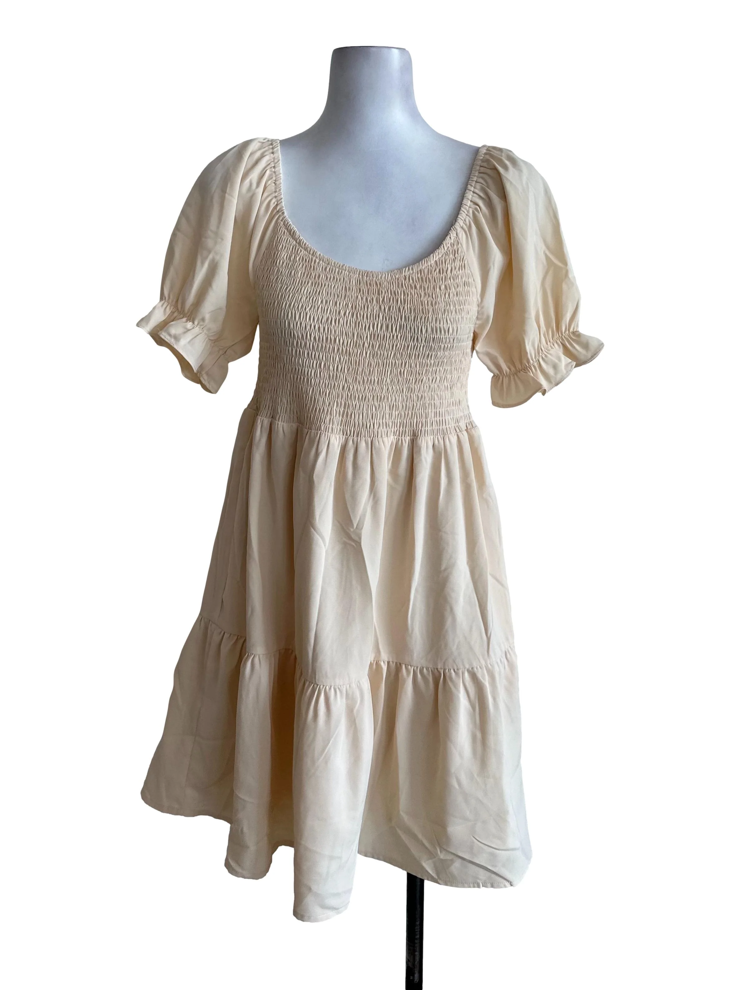 Light Yellow Puff Sleeve Tiered Dress