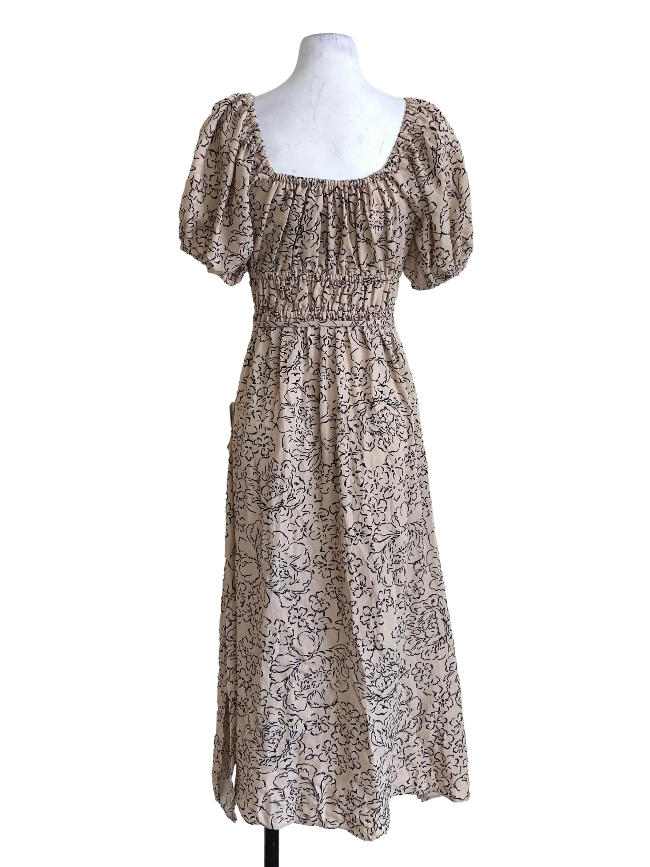 Linen Beige & Black Floral Square Neck Empire Dress - Image 2