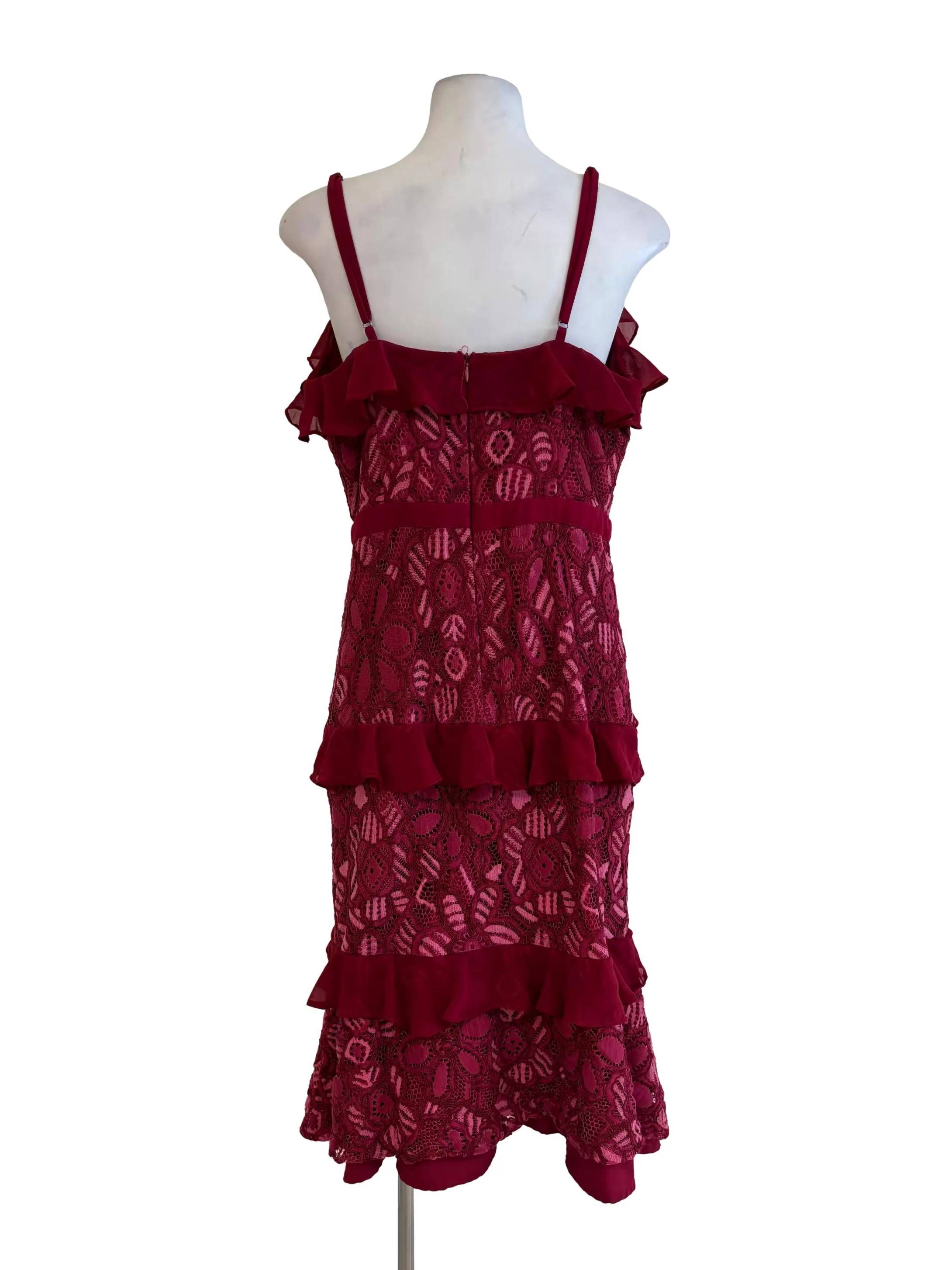 Maroon Floral Lace Ruffle Dress - Image 2
