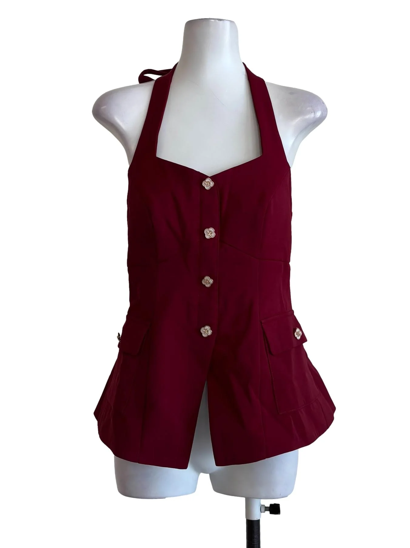 Maroon Flower Button Halter Top