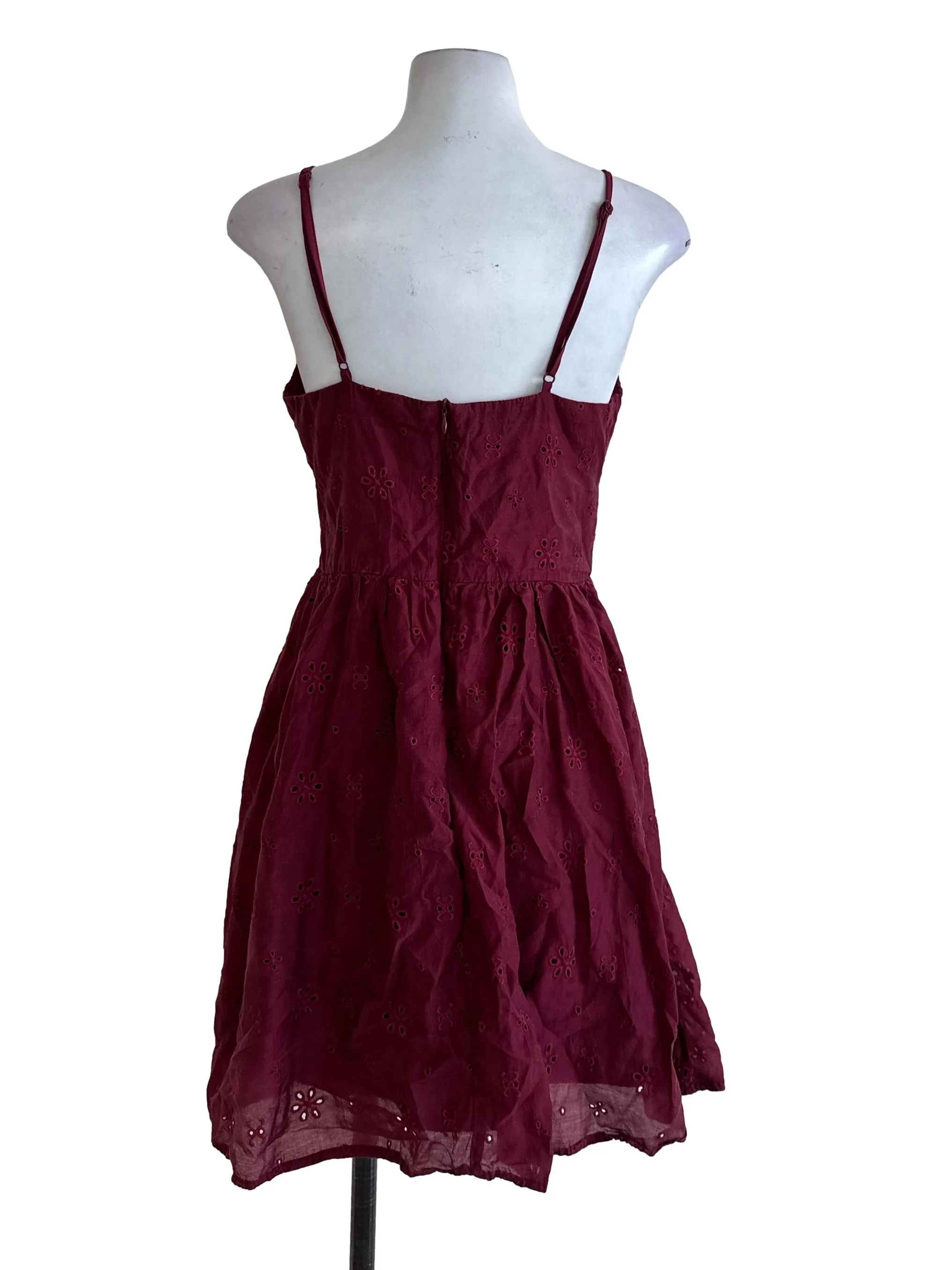 Maroon Red V Neck Eyelet Embroidery Dress - Image 2