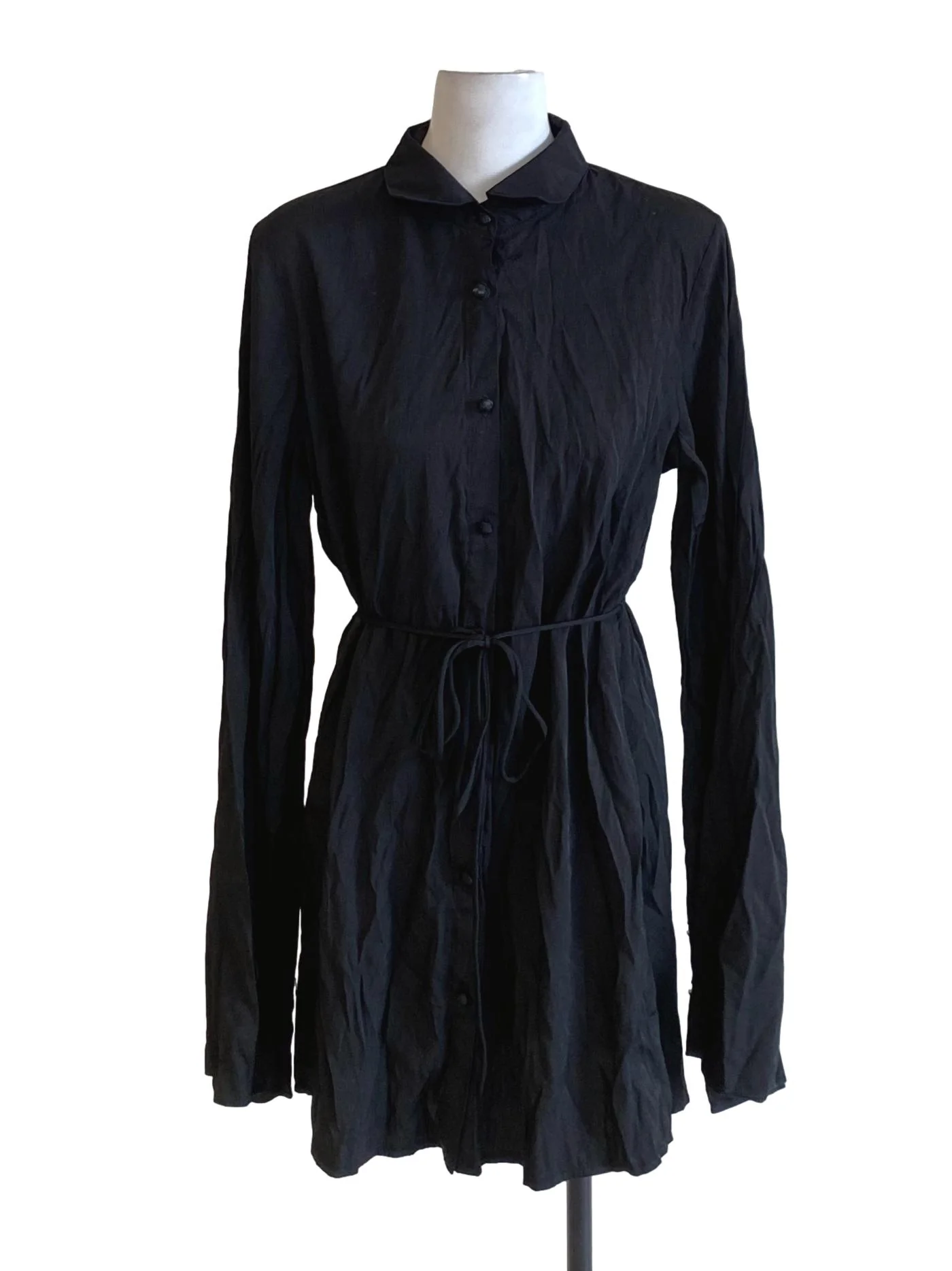 Matte Black Collared Buttoned Down Tie Waist Shirt Blouse