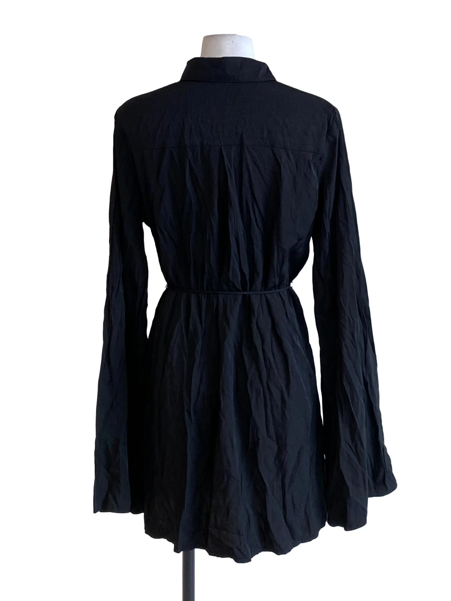 Matte Black Collared Buttoned Down Tie Waist Shirt Blouse - Image 2