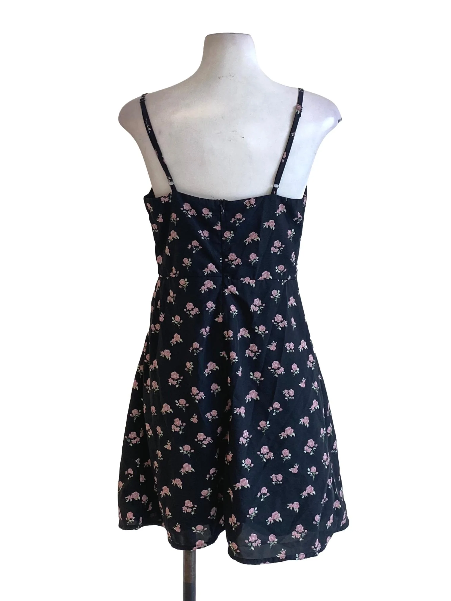 Matte Black Floral Printed Tie Front Spaghetti Strap A-Line Dress TTR - Image 2