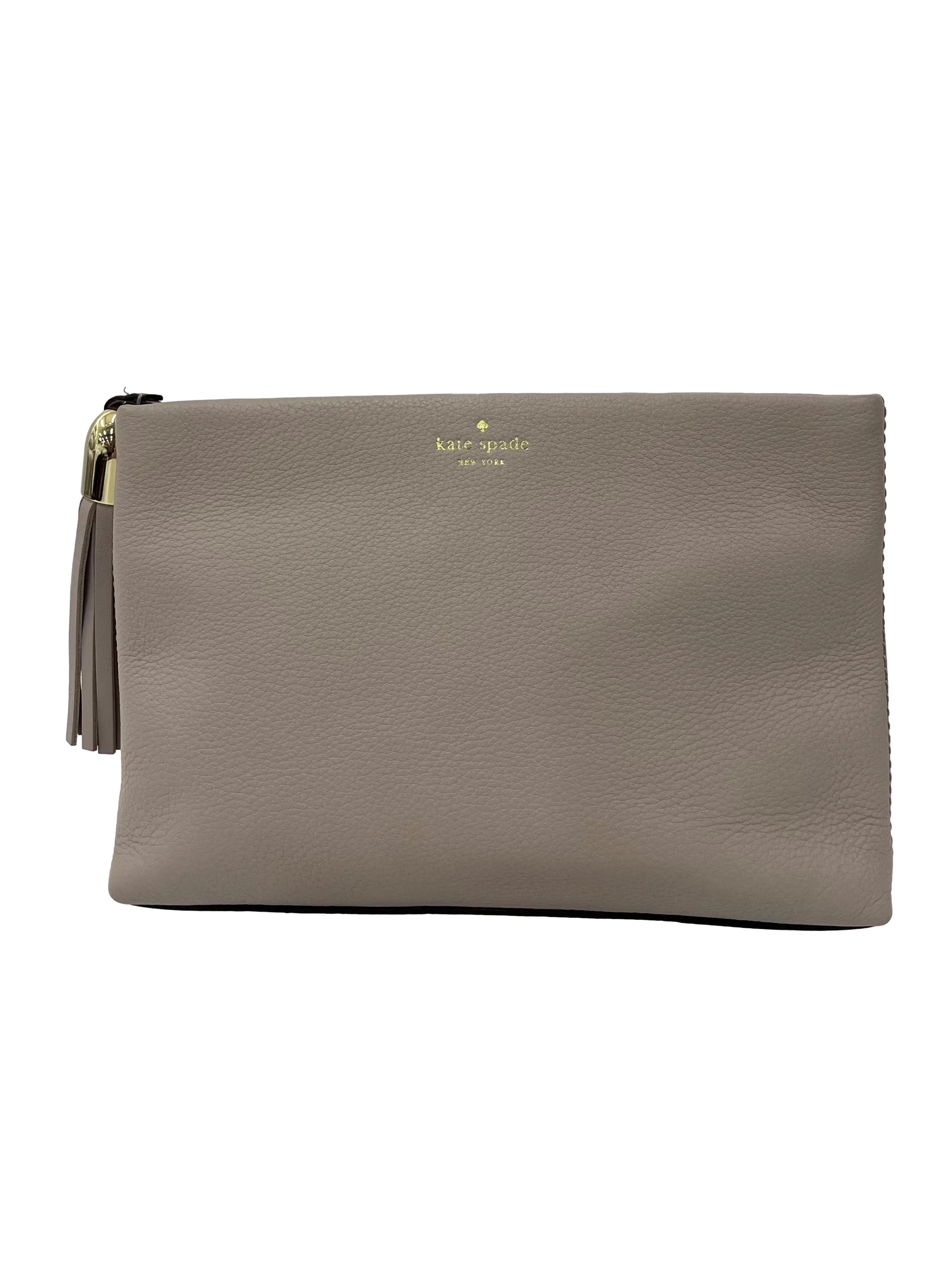 Taupe Pebbled Leather Clutch with Tassel