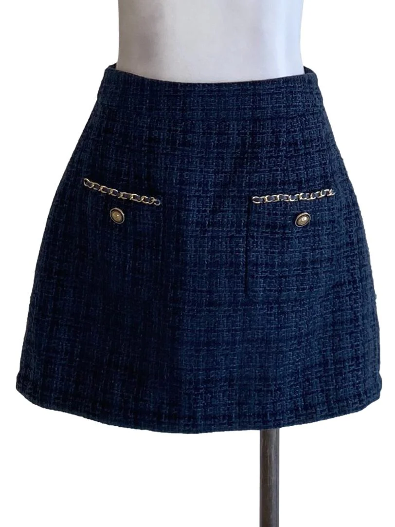 Midnight Blue Boucle Mini A-Line Tweed Skirt