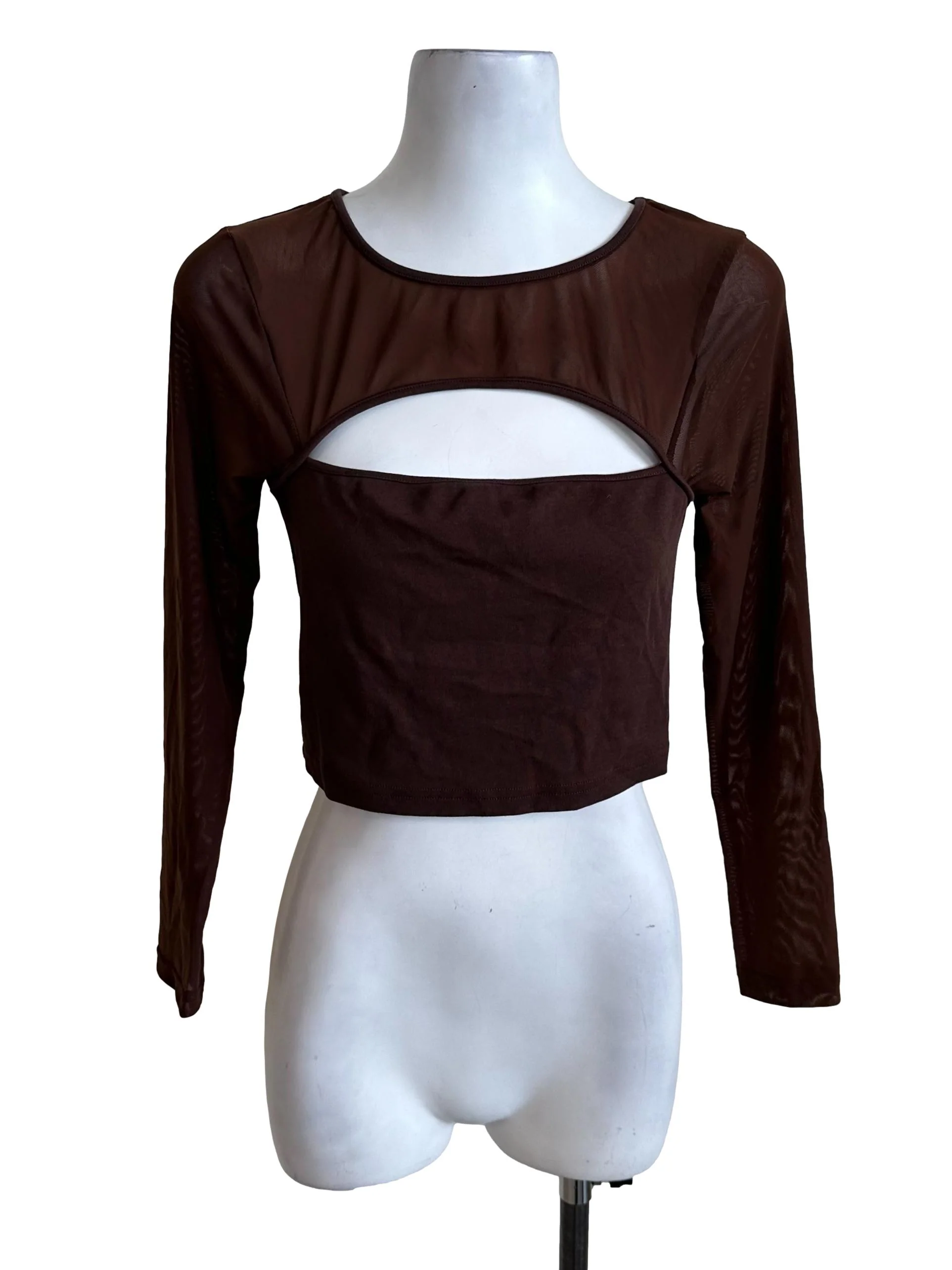 Mocha Brown Mesh Net Long Sleeve Top