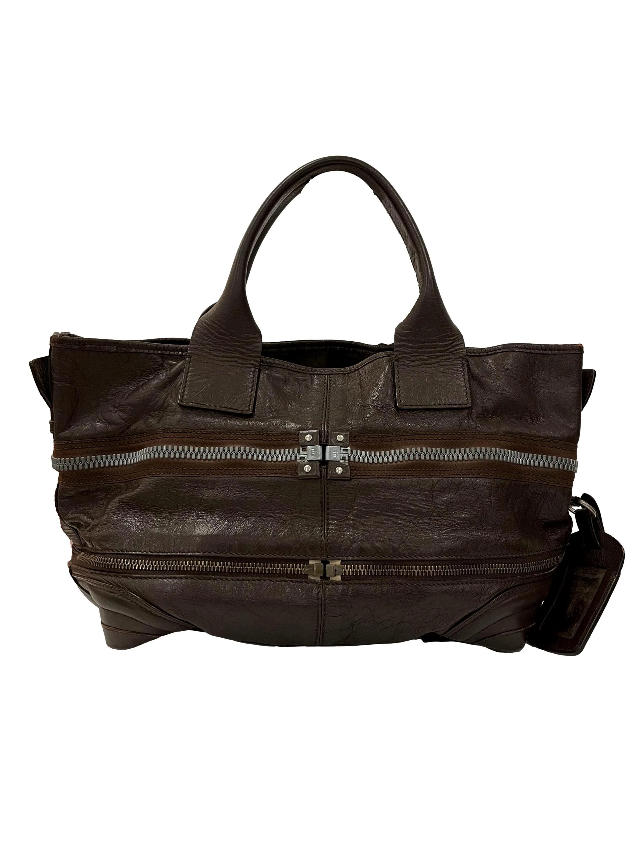 Mocha Anthracite Black Leather Zippered Tote Bag