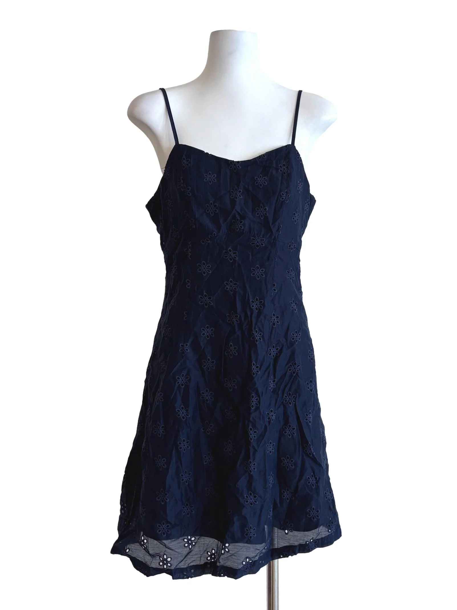 Navy Blue Cotton Eyelet Spaghetti Strap Dress