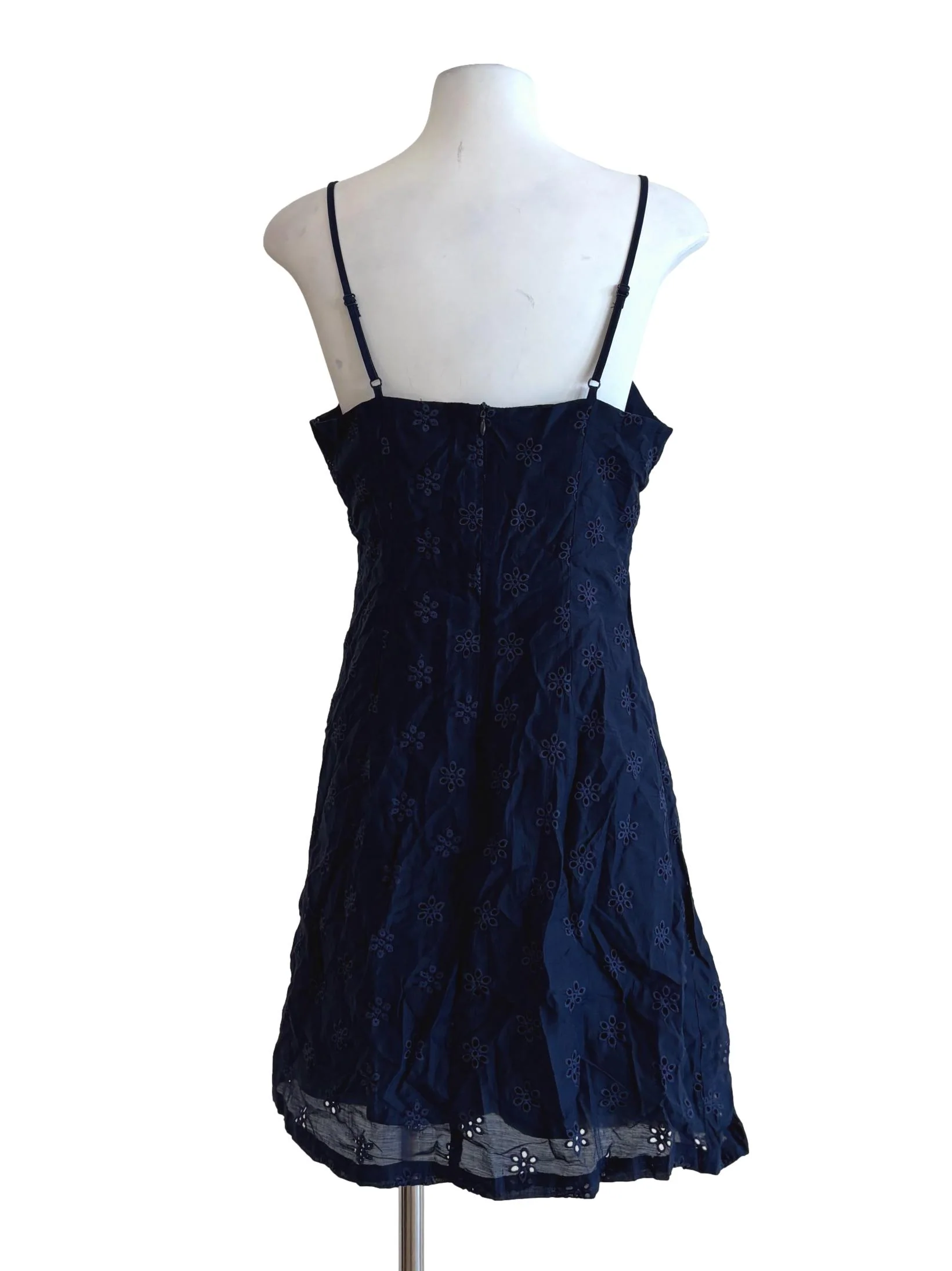 Navy Blue Cotton Eyelet Spaghetti Strap Dress - Image 2