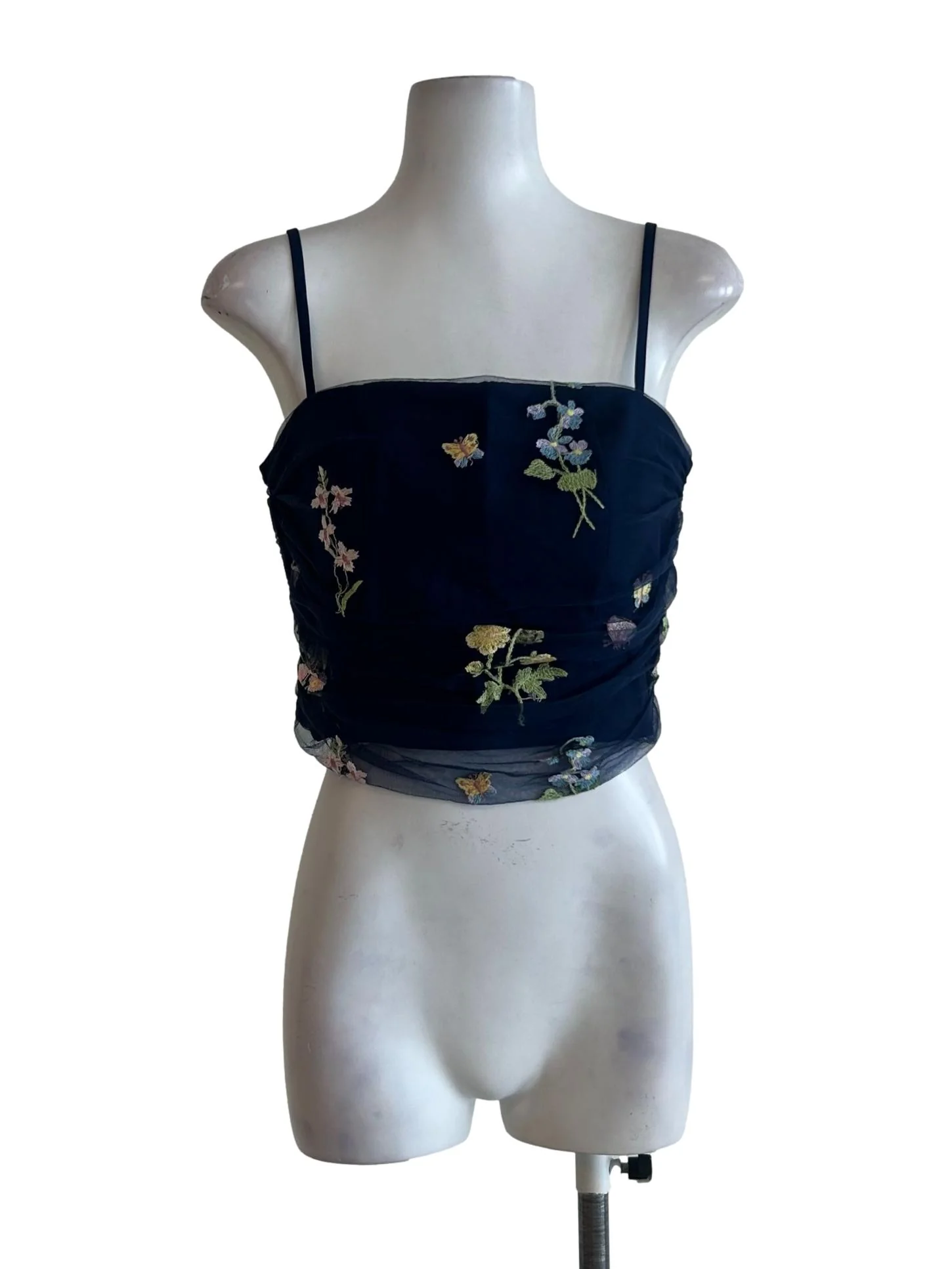 Navy Blue Floral Organza Top