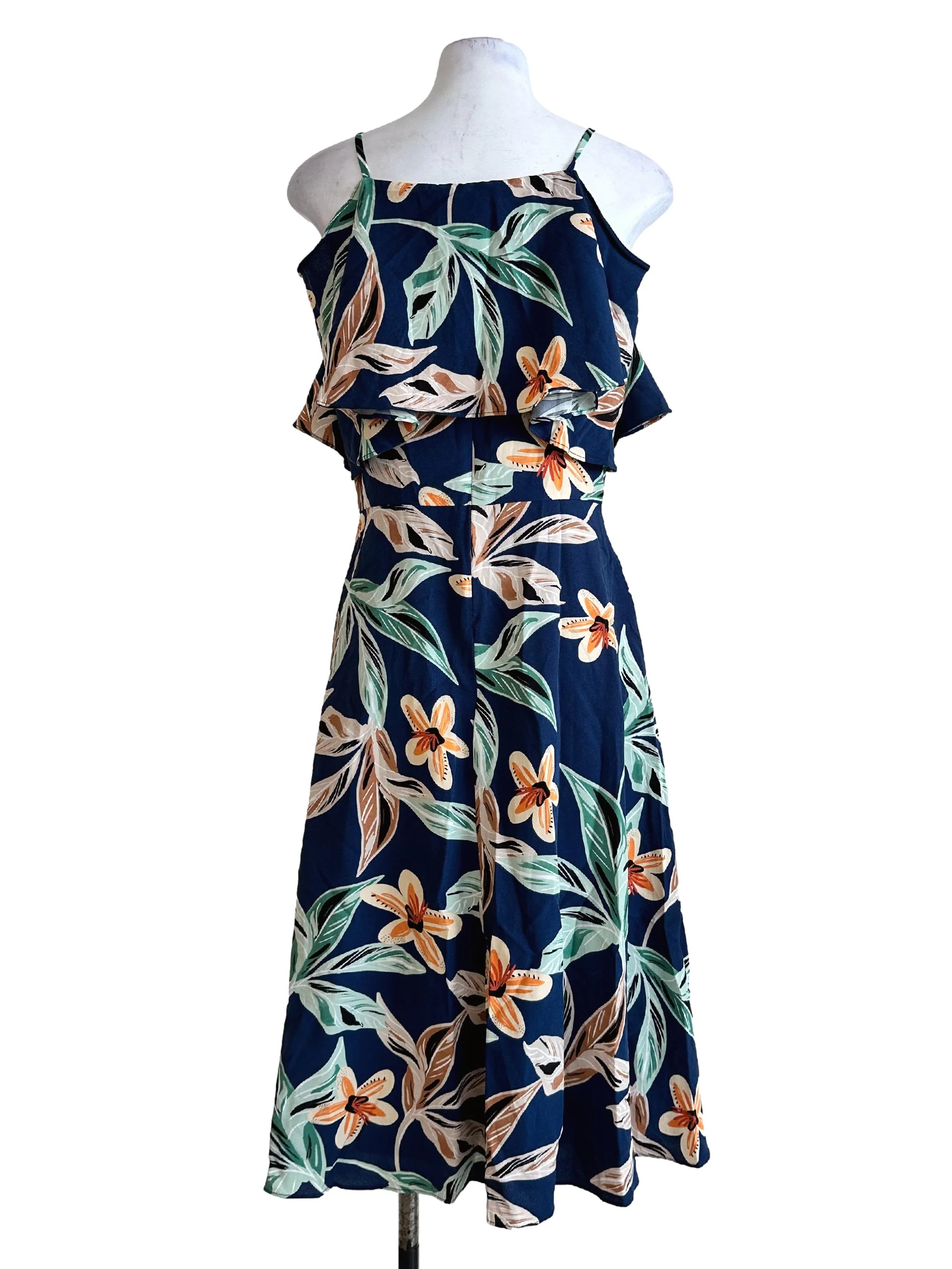 Navy Blue Floral Pattern Cape Dress - Image 2