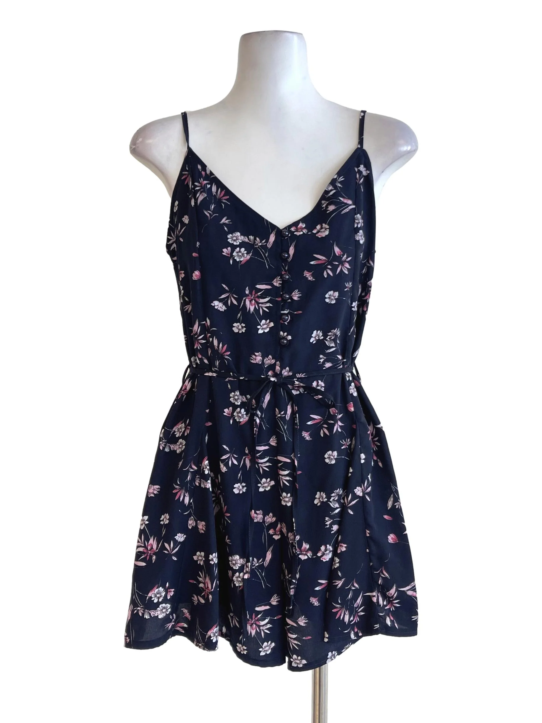 Navy Blue Floral Spaghetti Strap Button Down Rompers