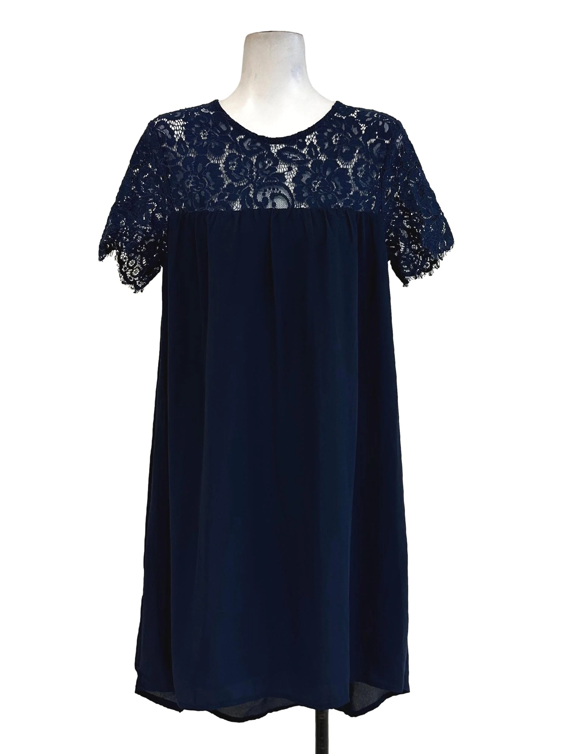 Navy Blue Lace Neckline Pattern Dress