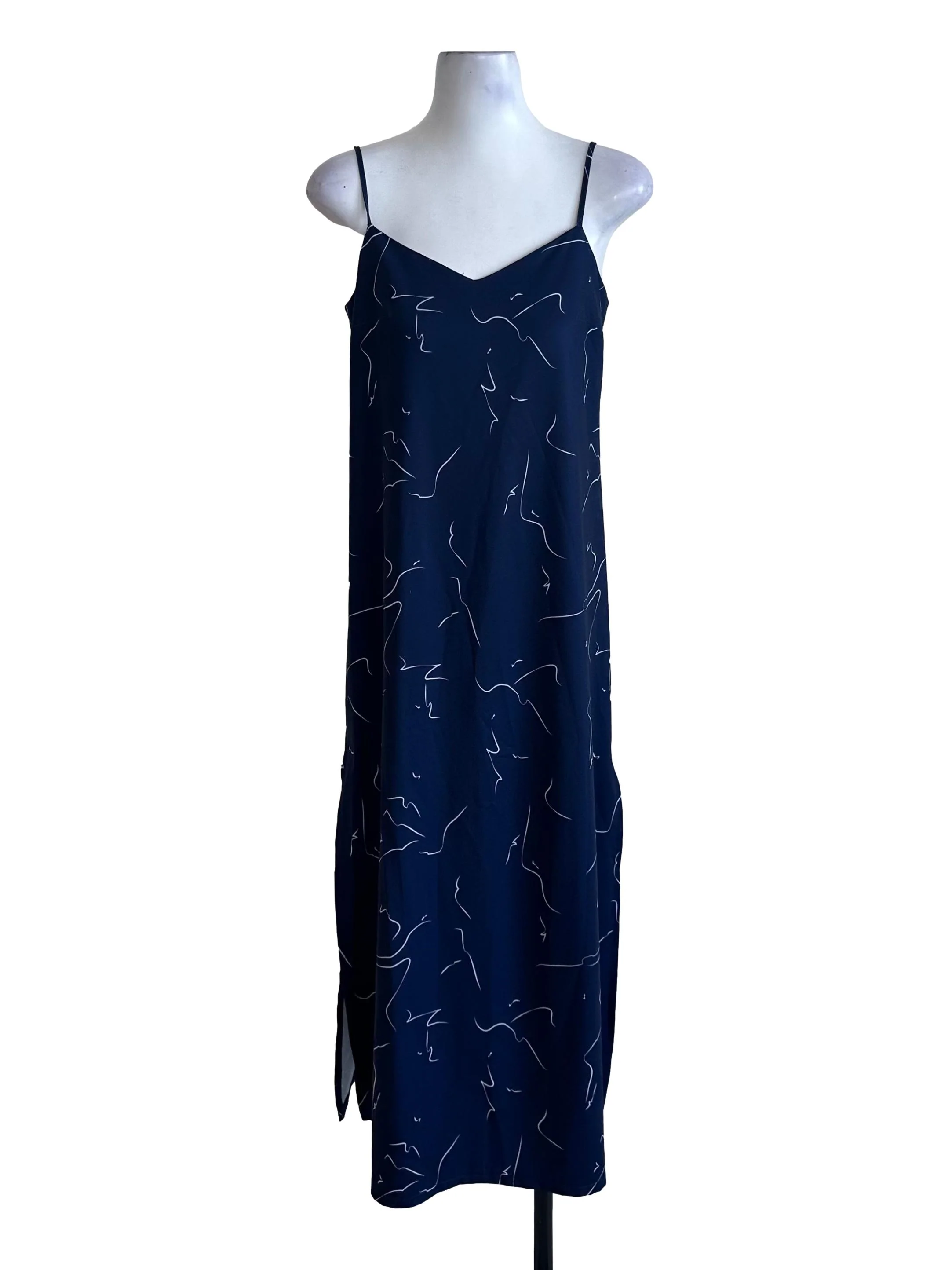 Navy Blue Pattern Spaghetti Strap Slit Dress