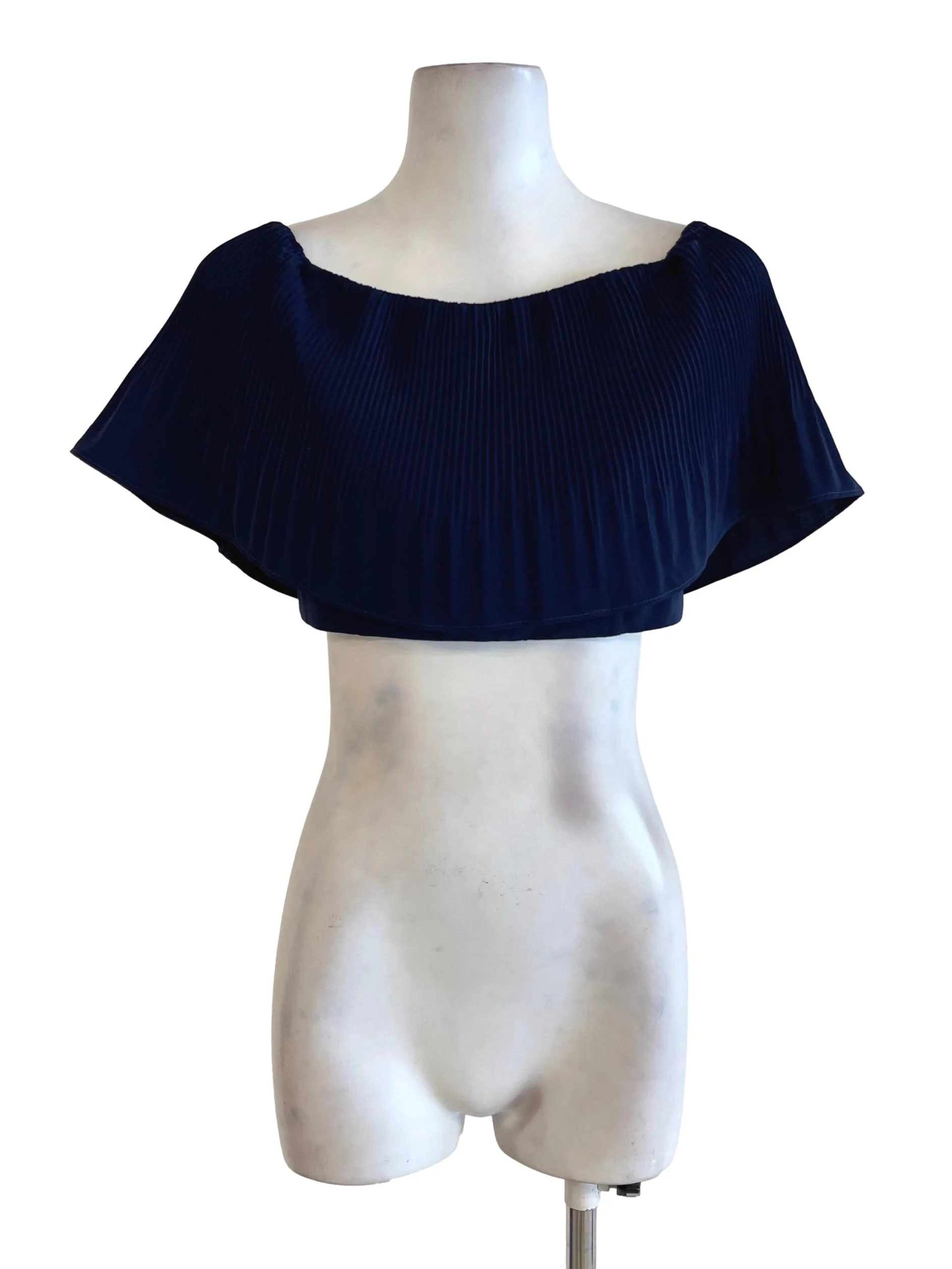 Navy Blue Pleated Off Shoulder Crop Top