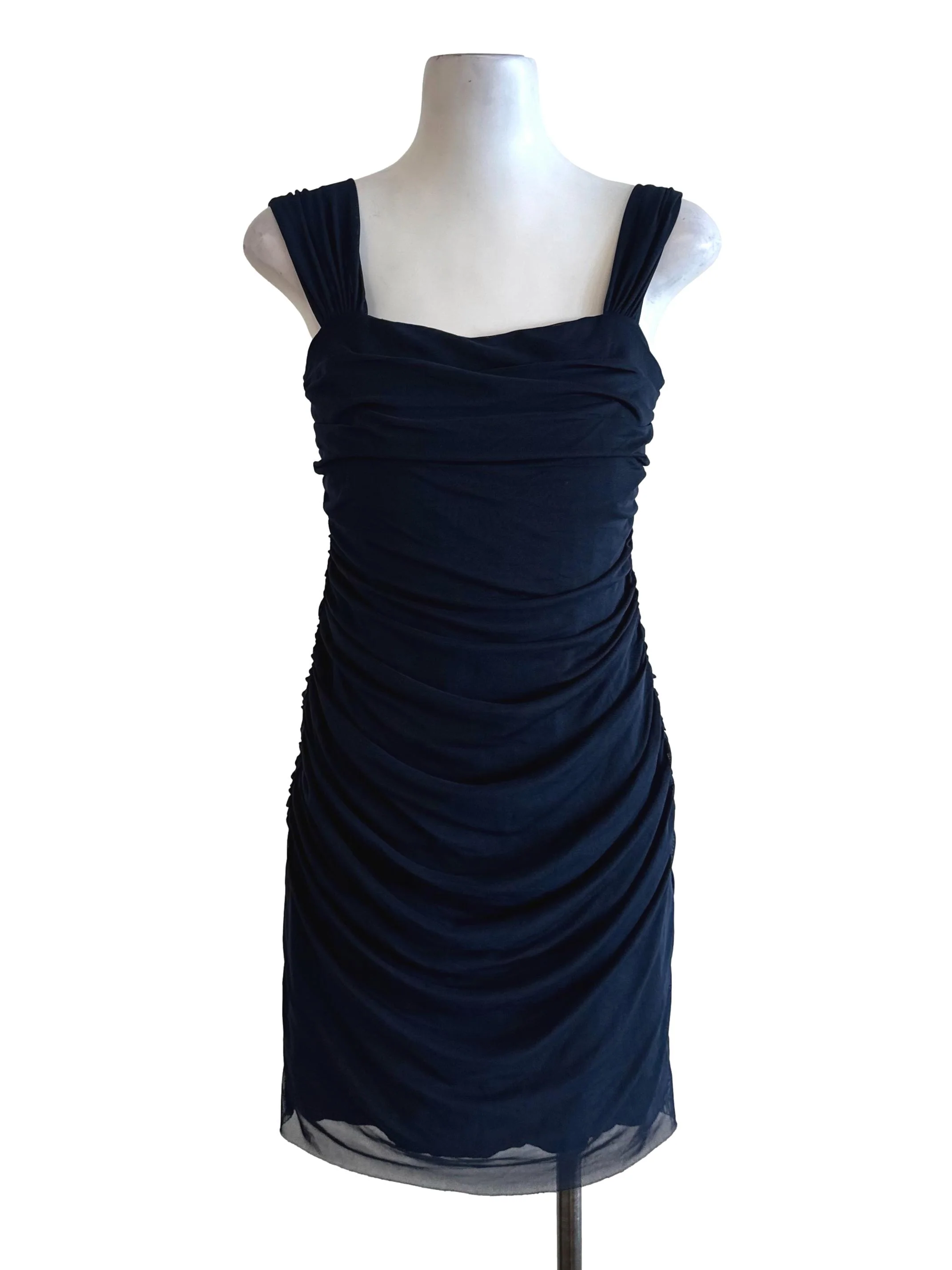 Navy Blue Ruched Mesh Net Dress