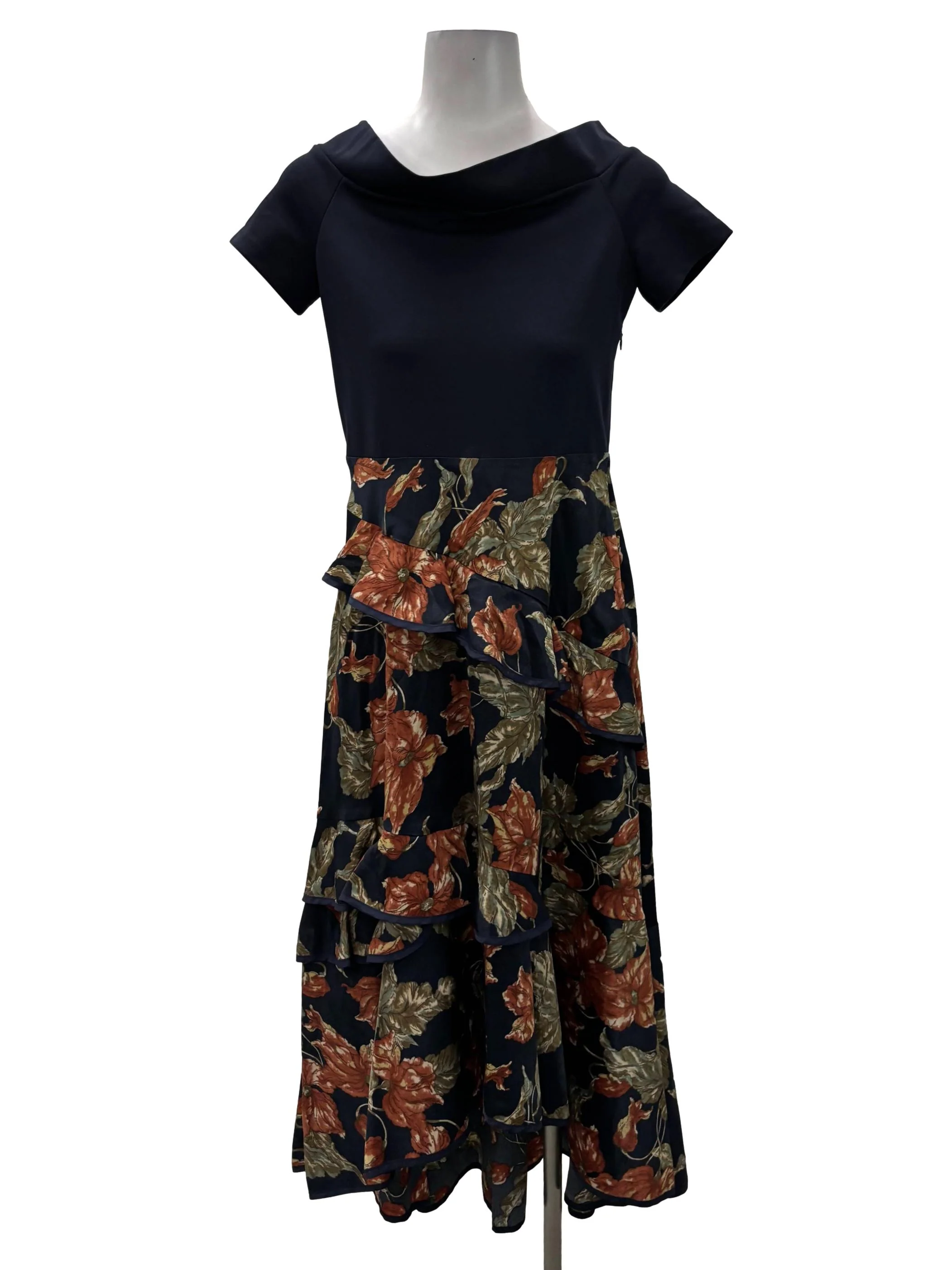 Navy Blue Square Neck Floral Ruffle Dress