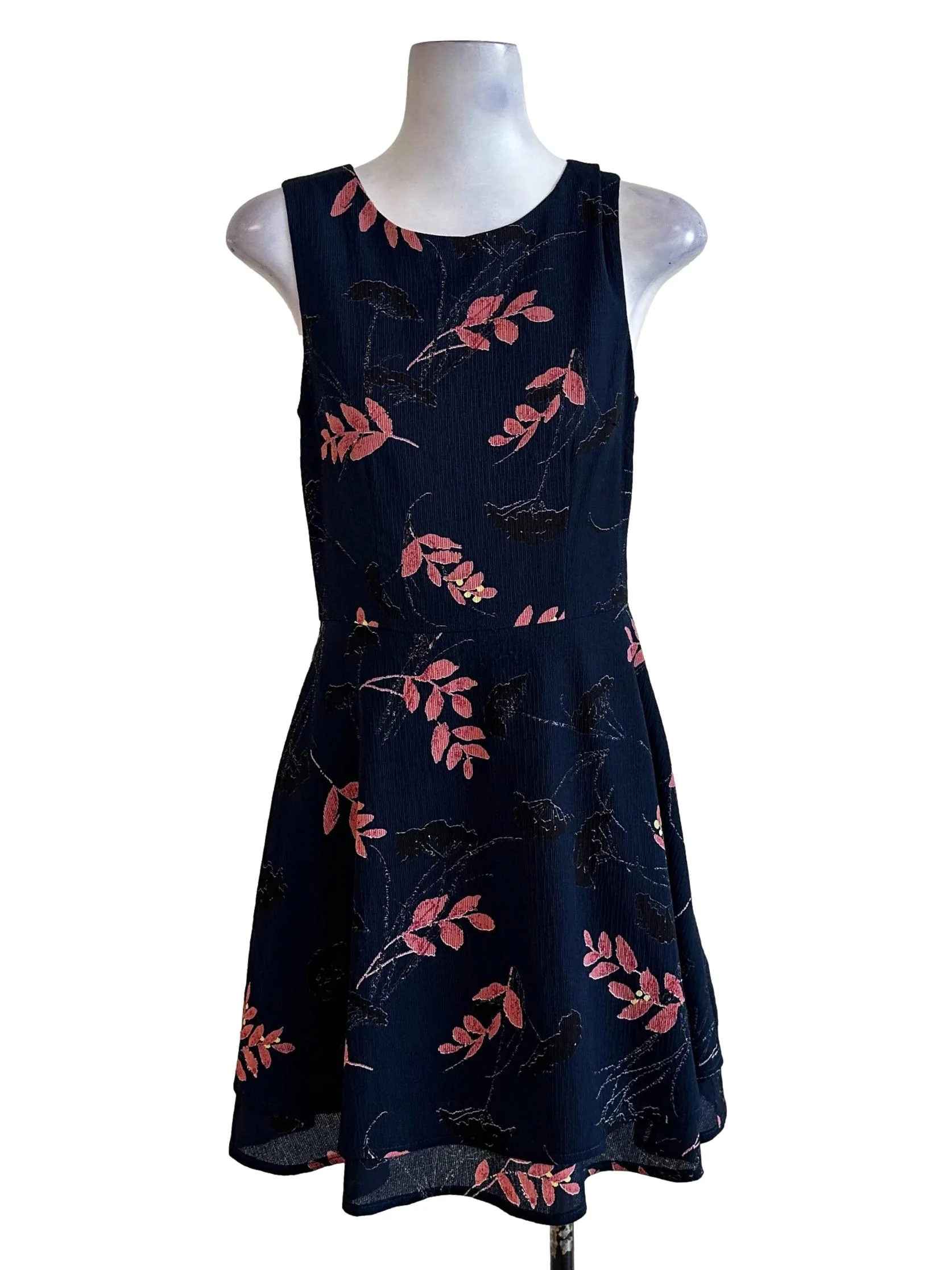 Navy Blue Textured Floral Pattern Mini Dress