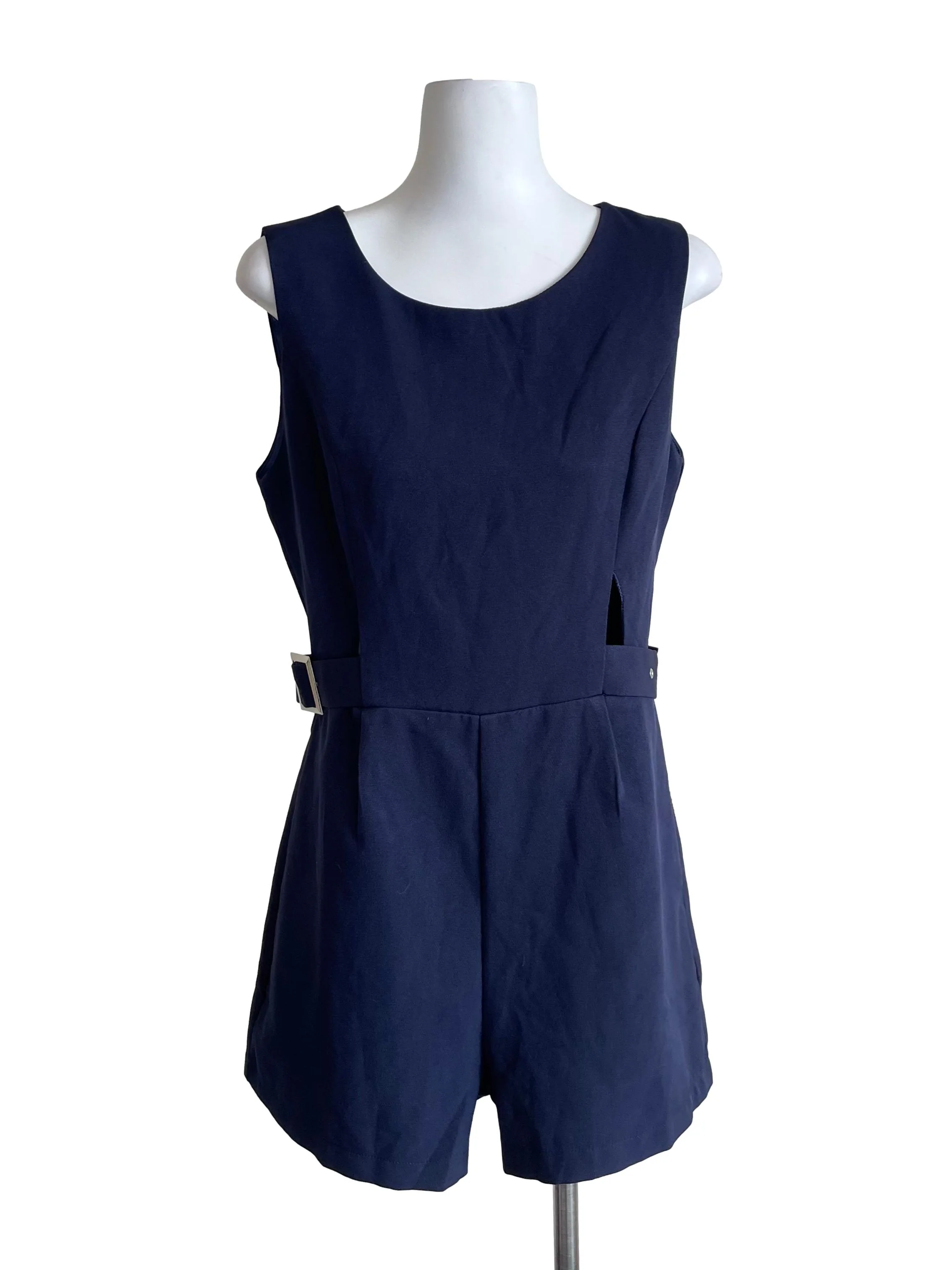 Navy Buckled Scoop Neck Romper