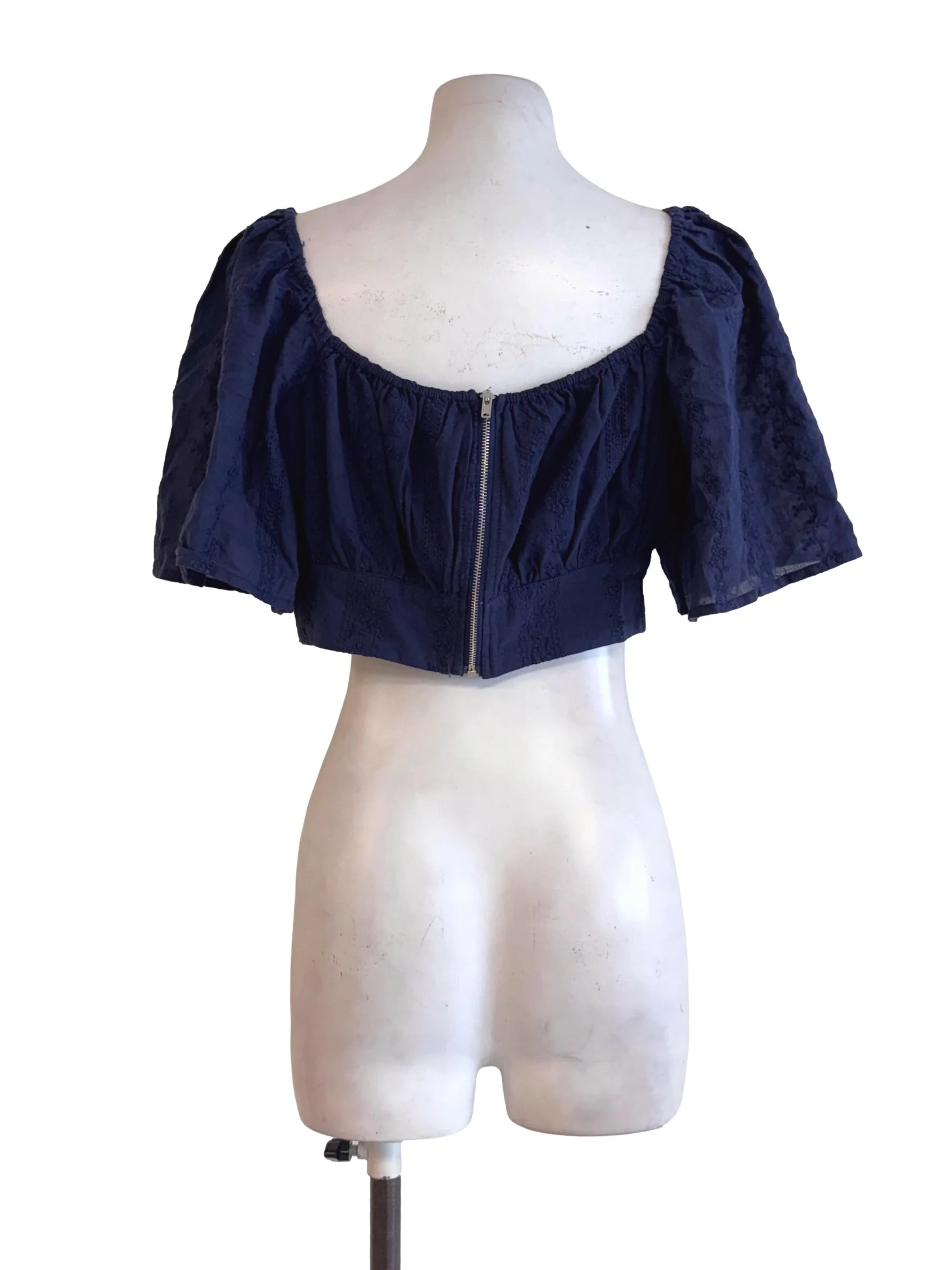 Navy Puff-Sleeve Cropped Blouse - Image 2