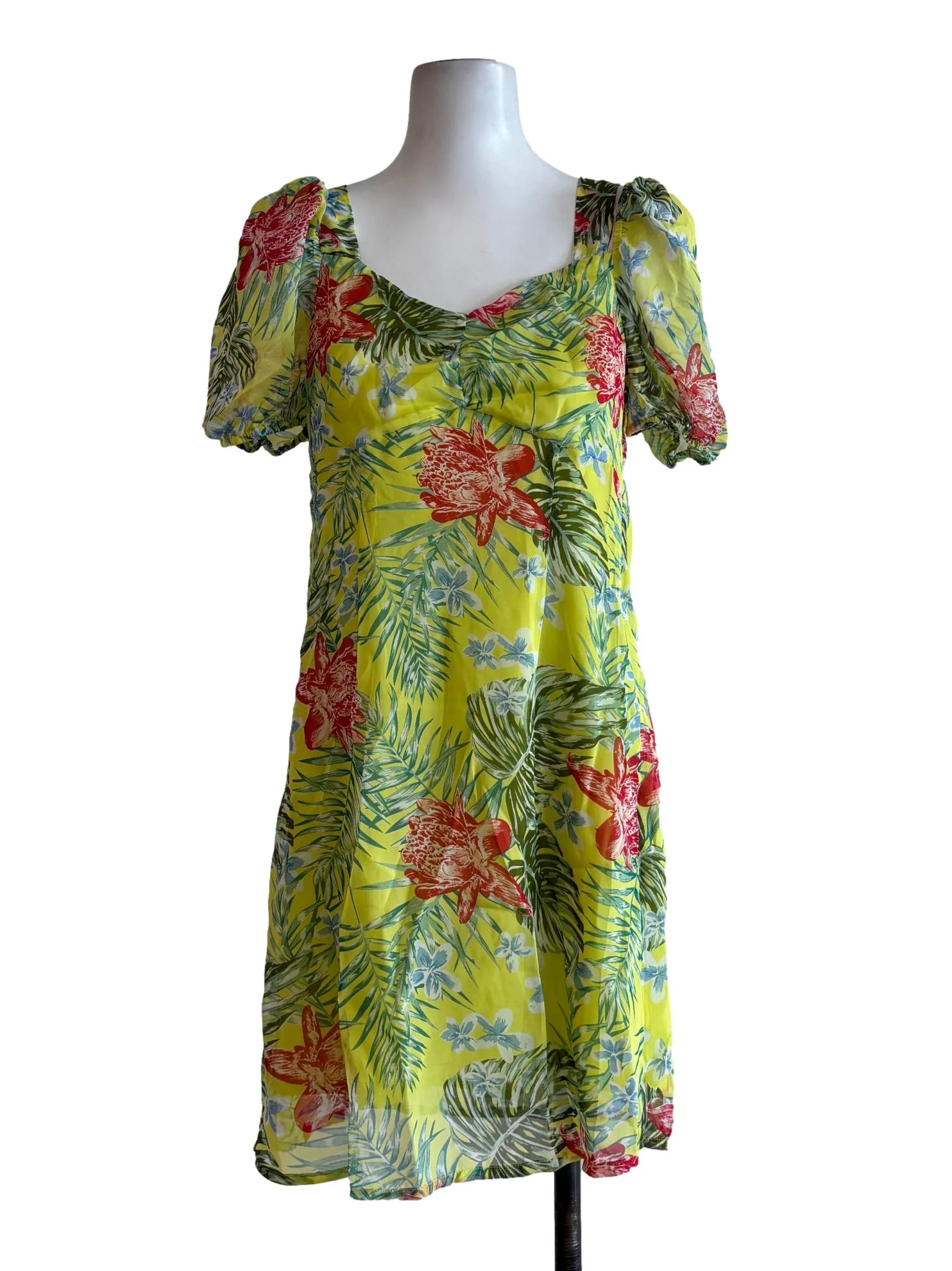 Neon Yellow Floral Print Sweetheart Neckline Dress