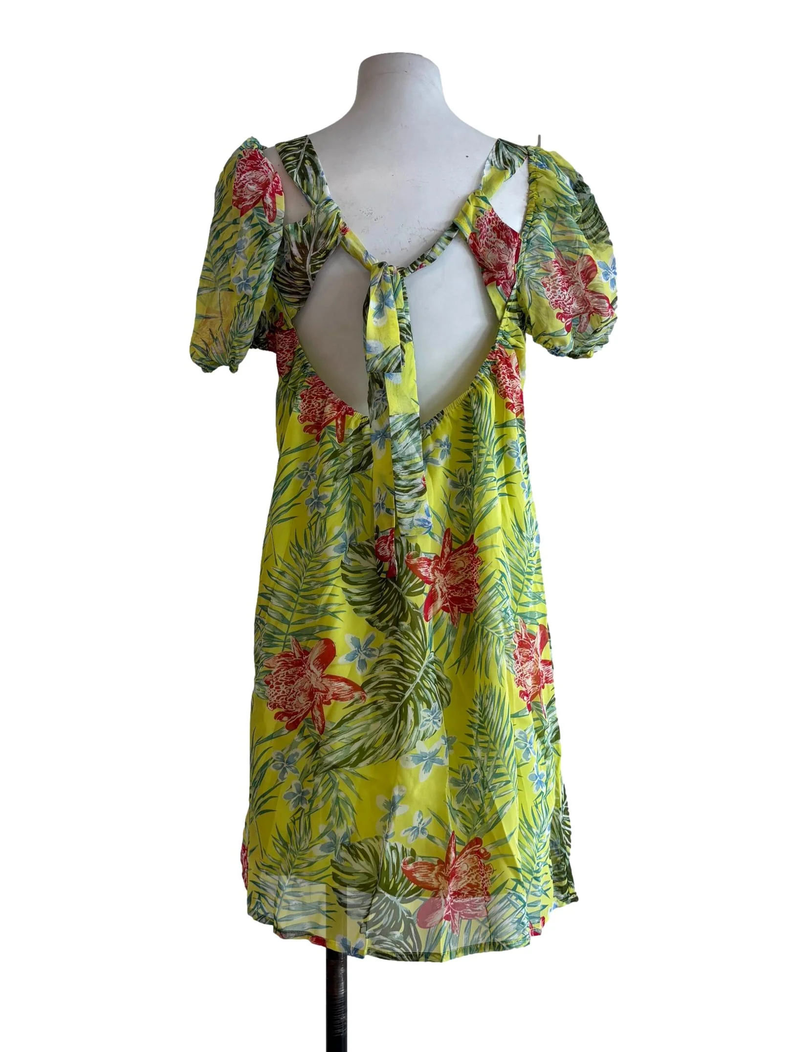 Neon Yellow Floral Print Sweetheart Neckline Dress - Image 2