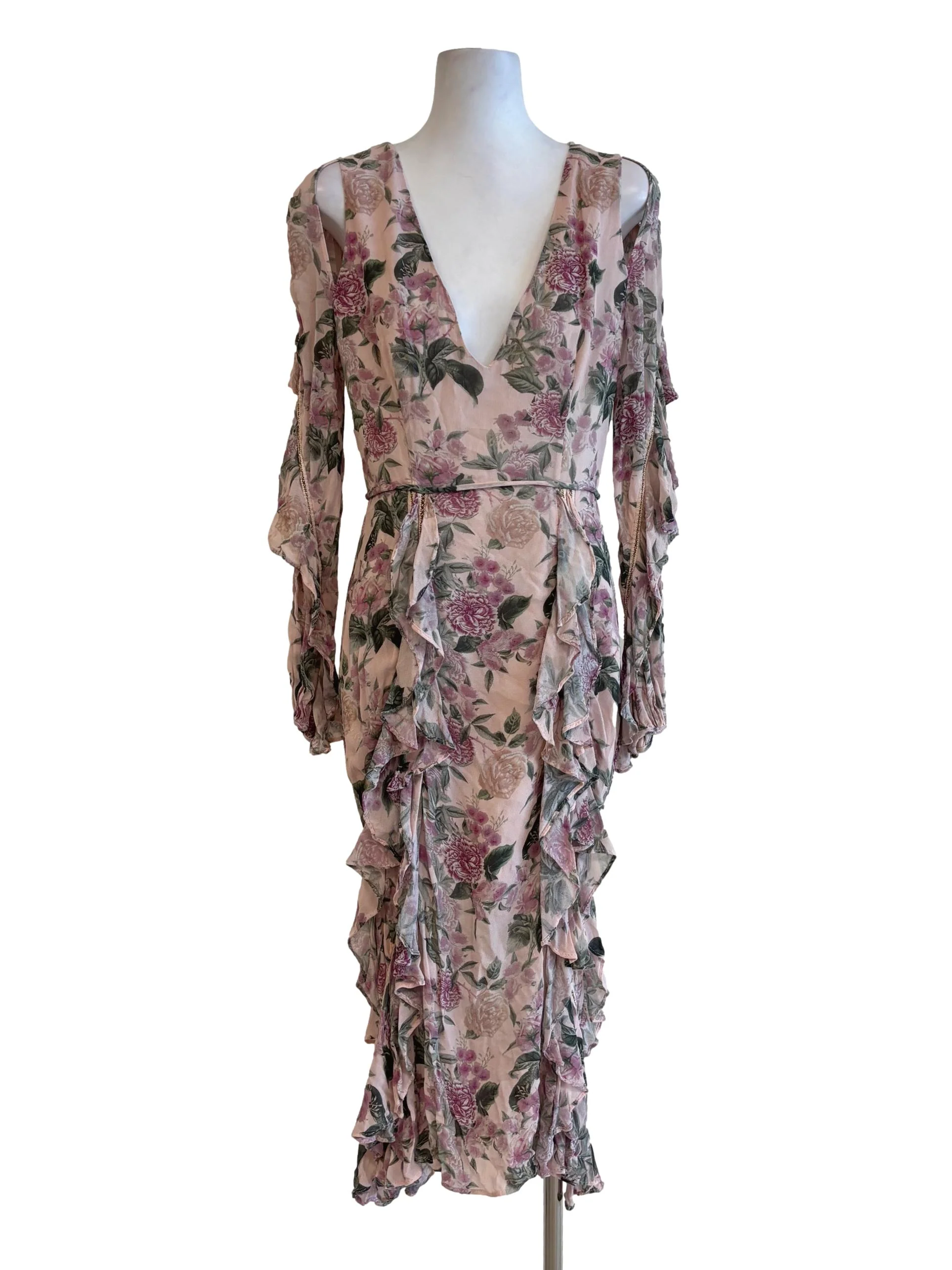 Nude Pink Plunge Neck Floral Ruffle Dress