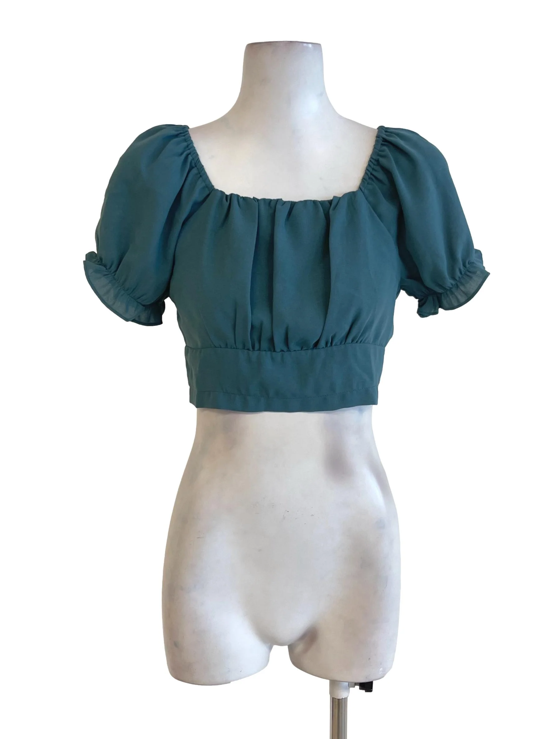 Ocean Blue Peasant Neck Poet Sleeve Top