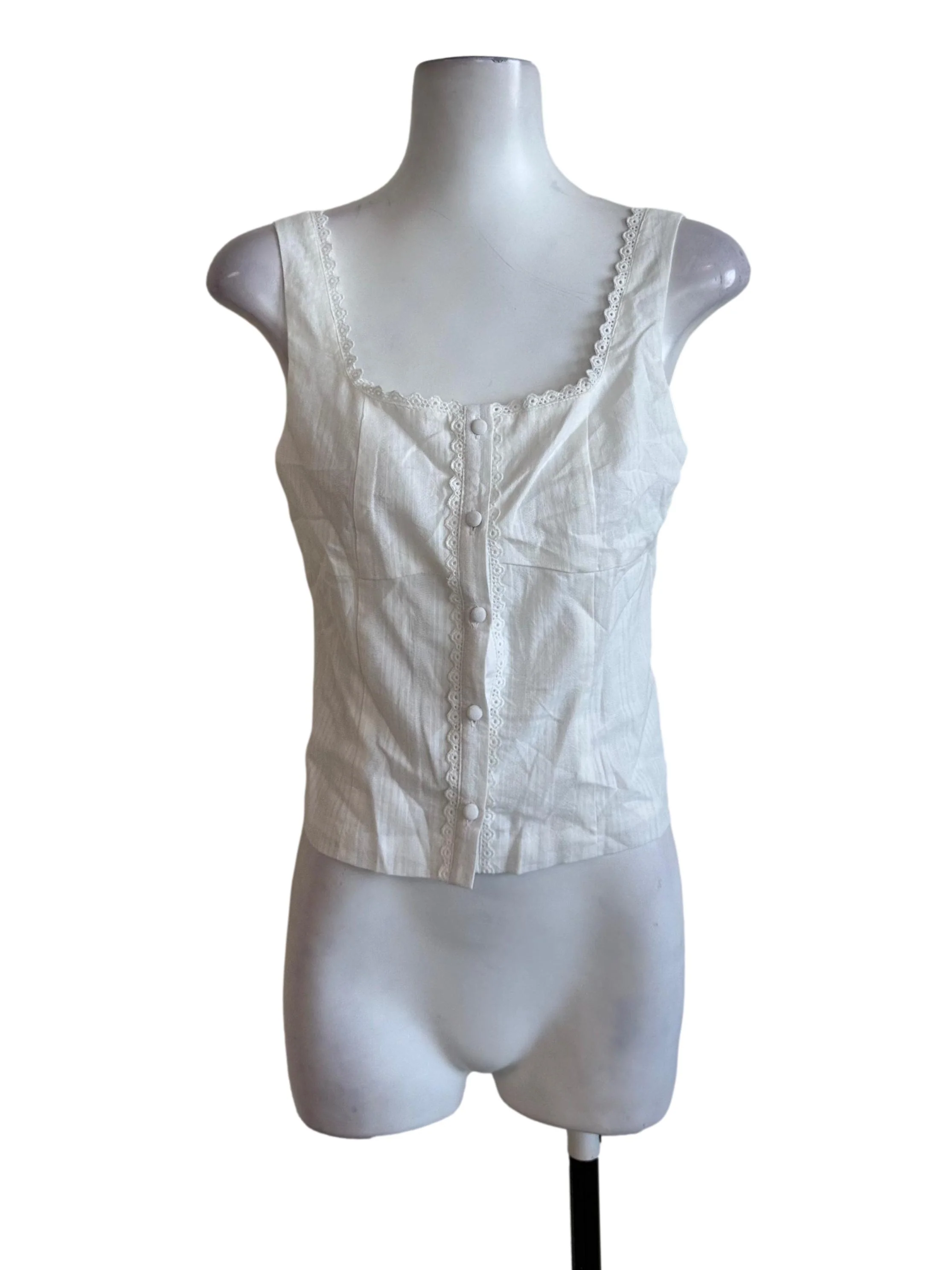 Off White Crochet Border Stripe Button Top