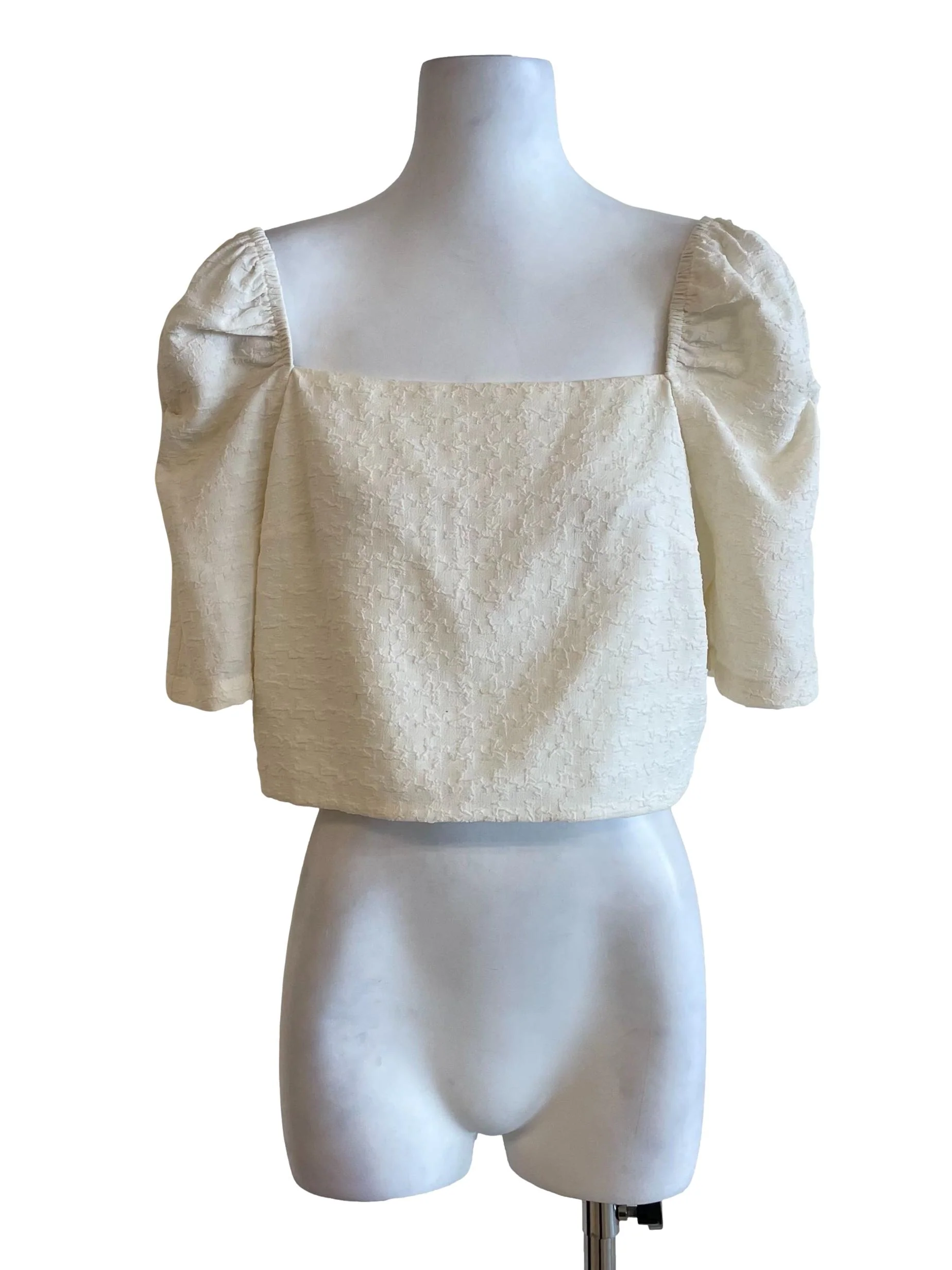 Off White Textured Puff Sleeves Crop Top