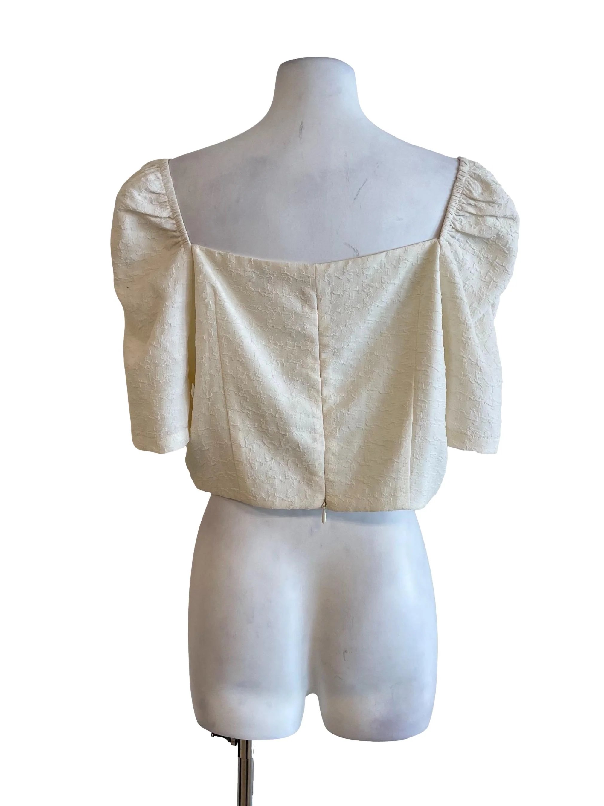 Off White Textured Puff Sleeves Crop Top - Image 2