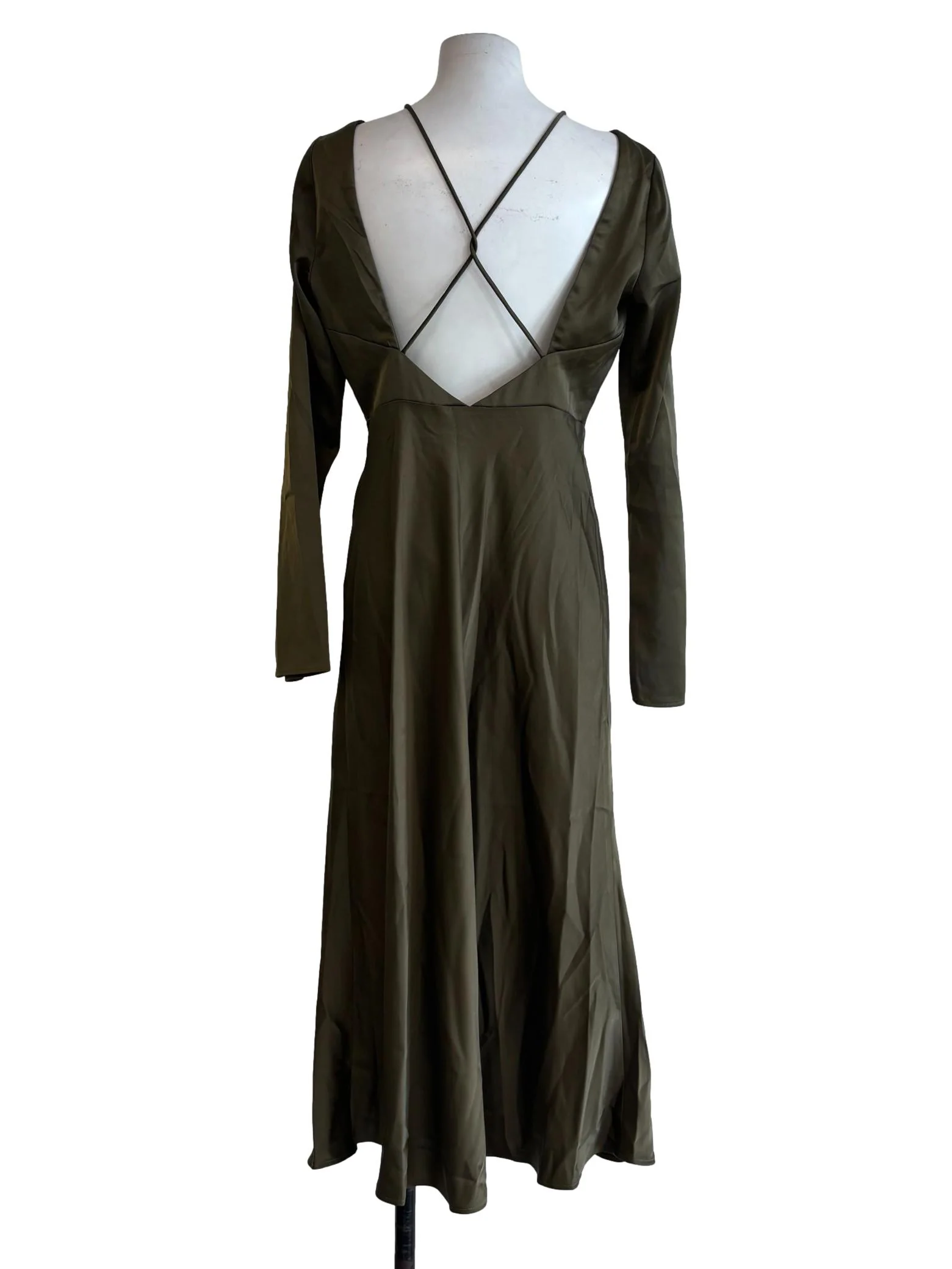 Olive Green Long Sleeve Satin Dress - Image 2